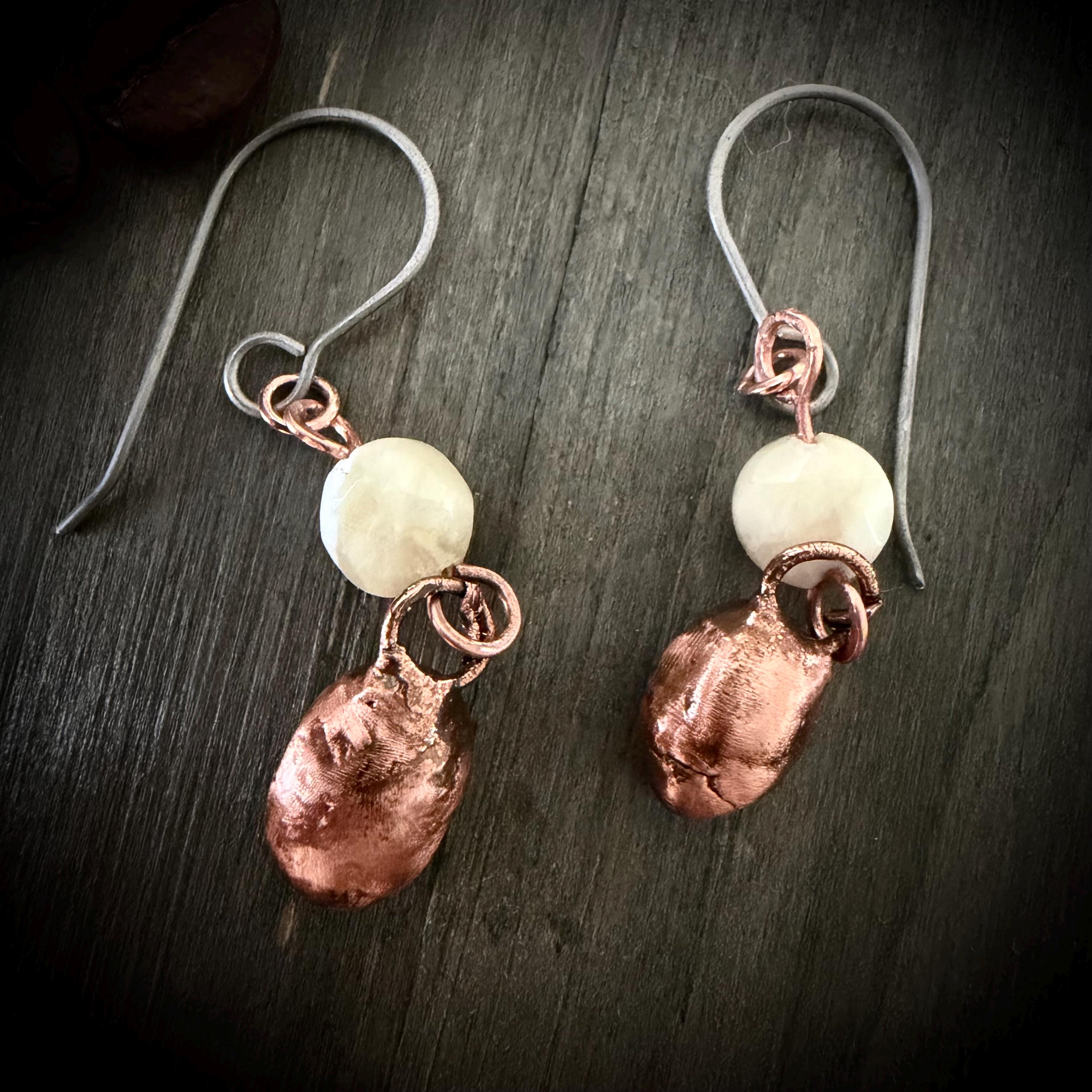 Electroformed Coffee Bean Earrings – Real Bean, Copper, Crystal Accent – Hypoallergenic Titanium Wires