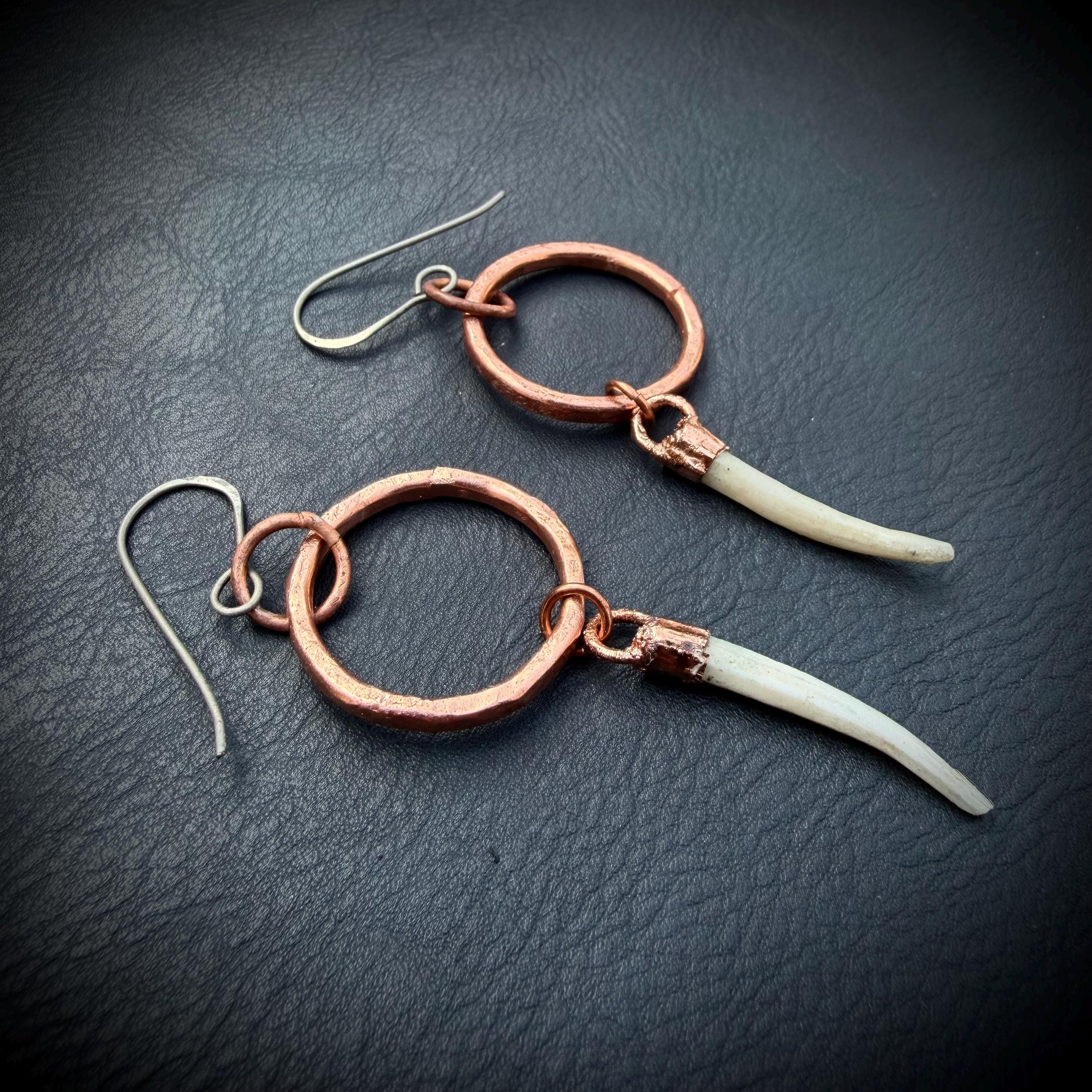 Copper Hoop Earrings with Tusk Shell Dangles – Titanium Ear Wires – Edgy Handmade Statement Earrings