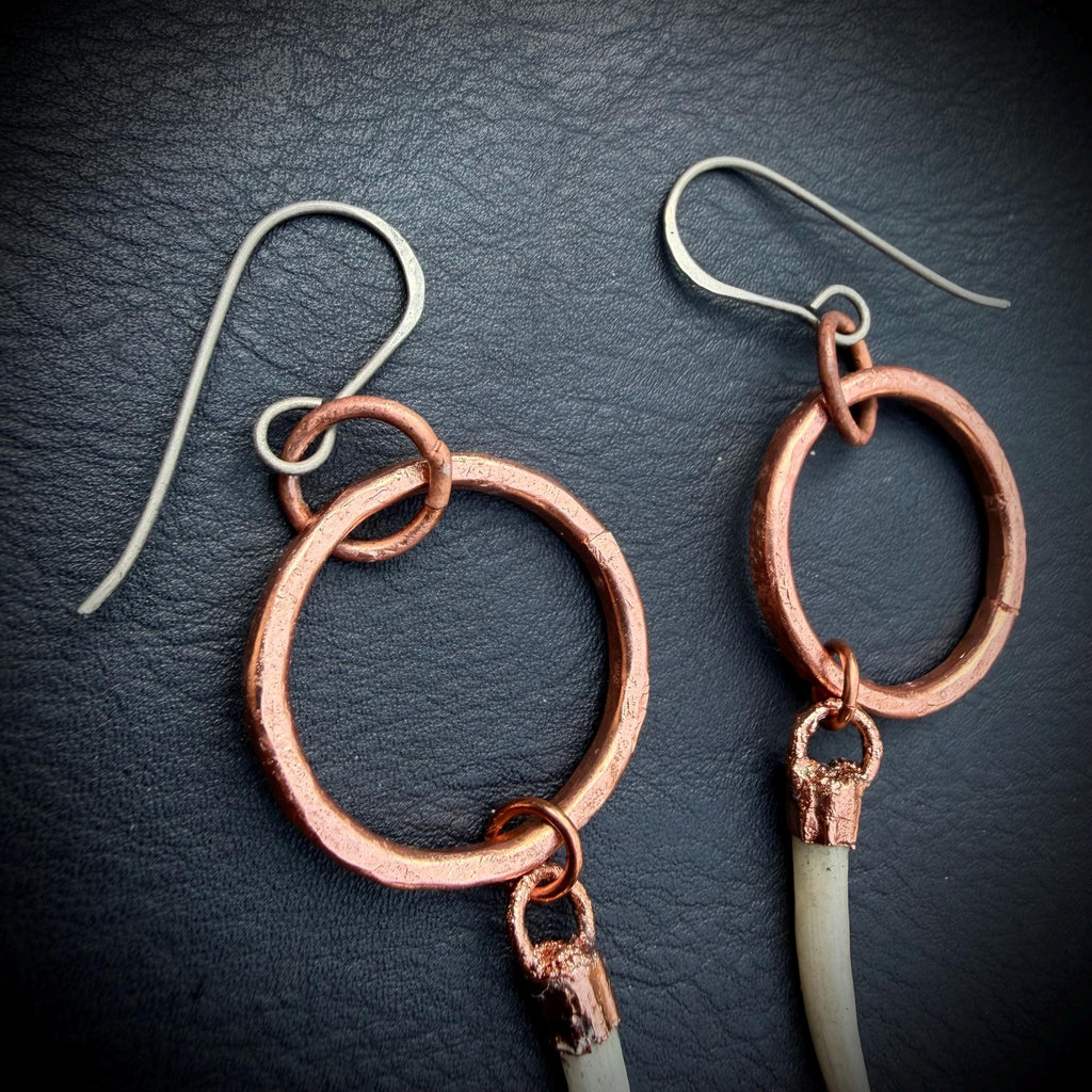 Copper Hoop Earrings with Tusk Shell Dangles – Titanium Ear Wires – Edgy Handmade Statement Earrings
