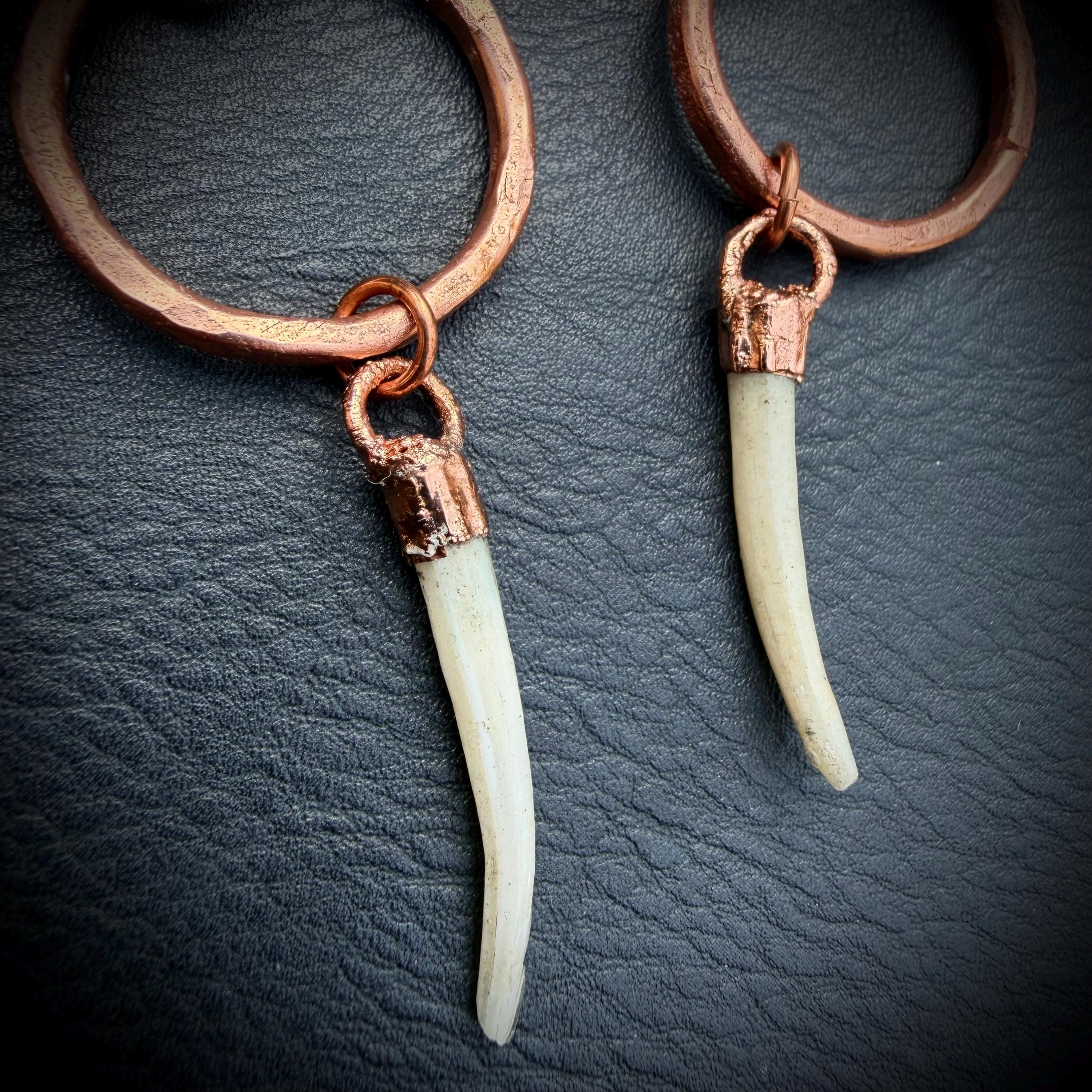 Copper Hoop Earrings with Tusk Shell Dangles – Titanium Ear Wires – Edgy Handmade Statement Earrings