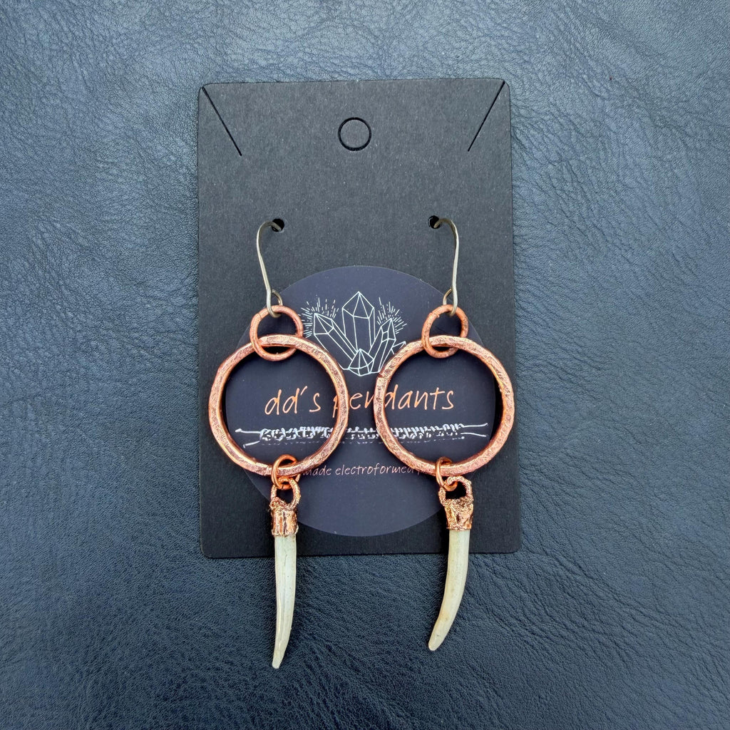 Copper Hoop Earrings with Tusk Shell Dangles – Titanium Ear Wires – Edgy Handmade Statement Earrings