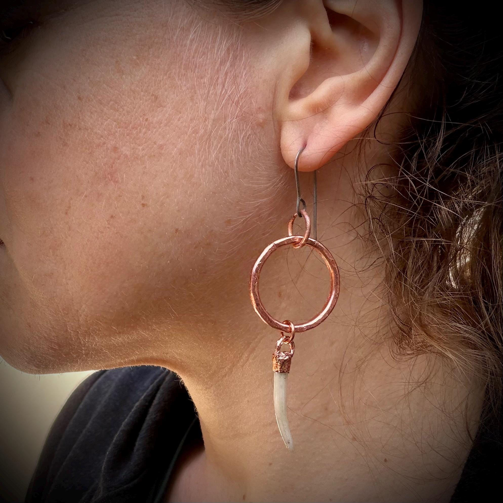 Copper Hoop Earrings with Tusk Shell Dangles – Titanium Ear Wires – Edgy Handmade Statement Earrings