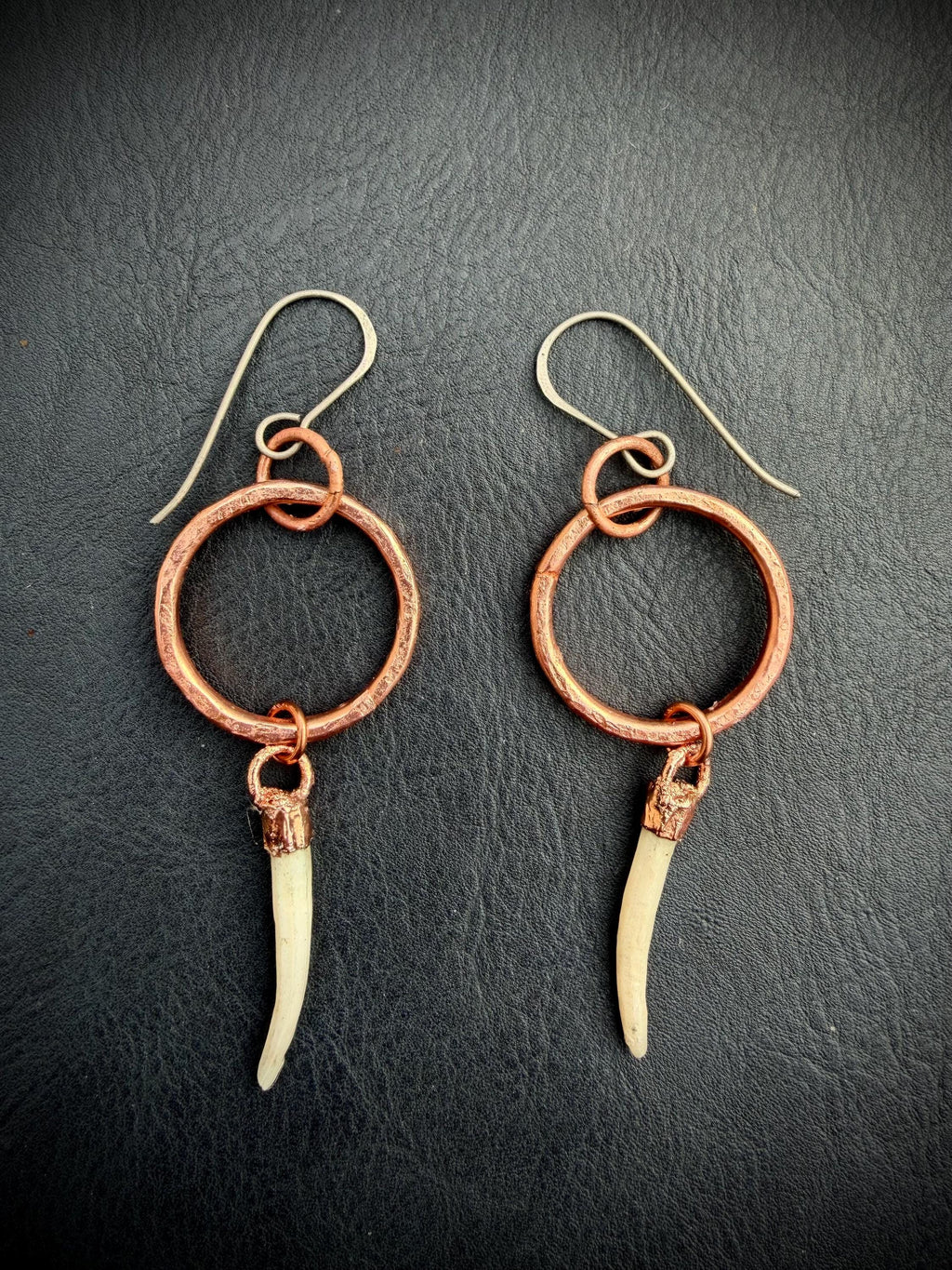 Copper Hoop Earrings with Tusk Shell Dangles – Titanium Ear Wires – Edgy Handmade Statement Earrings