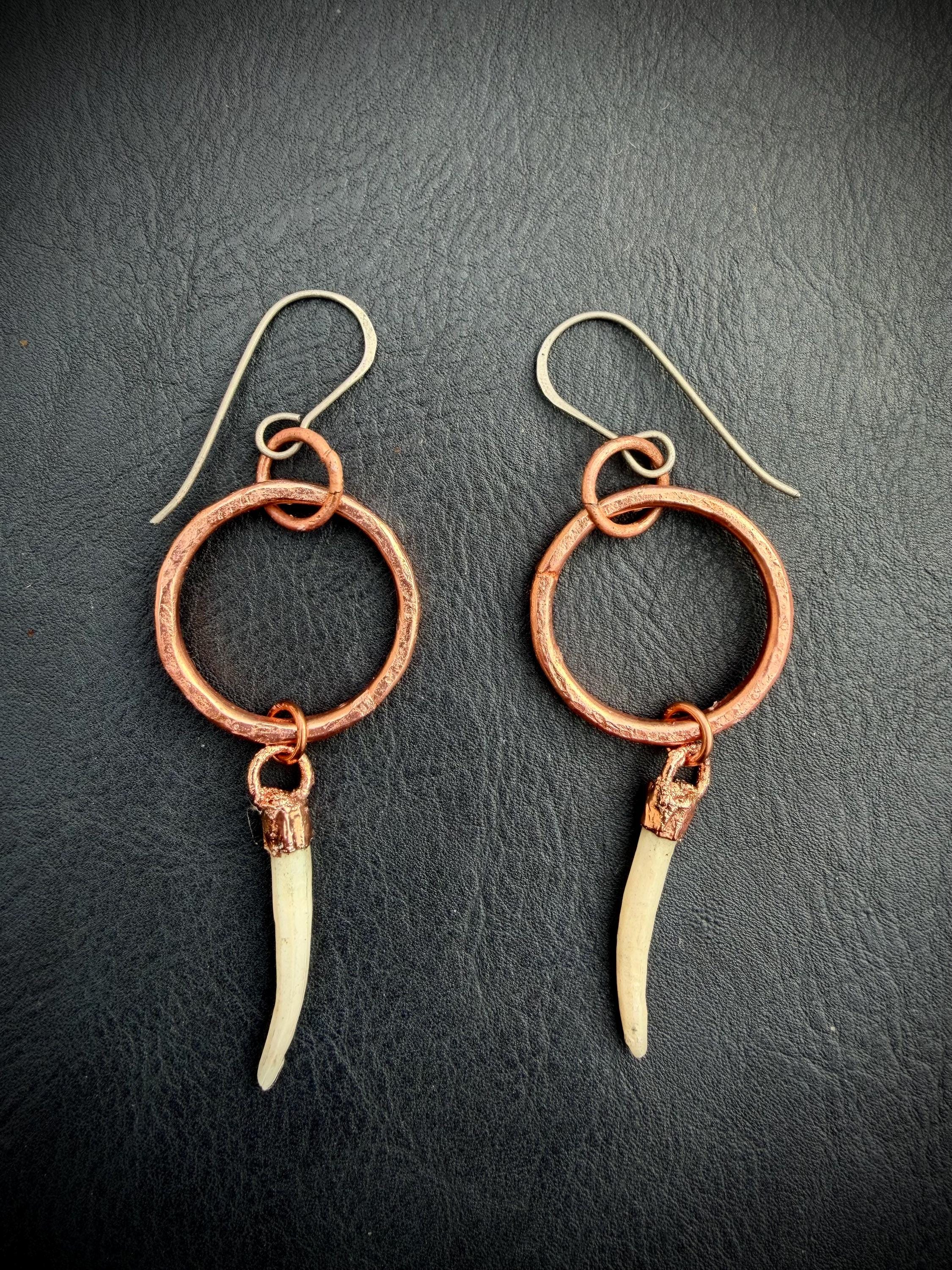Copper Hoop Earrings with Tusk Shell Dangles – Titanium Ear Wires – Edgy Handmade Statement Earrings