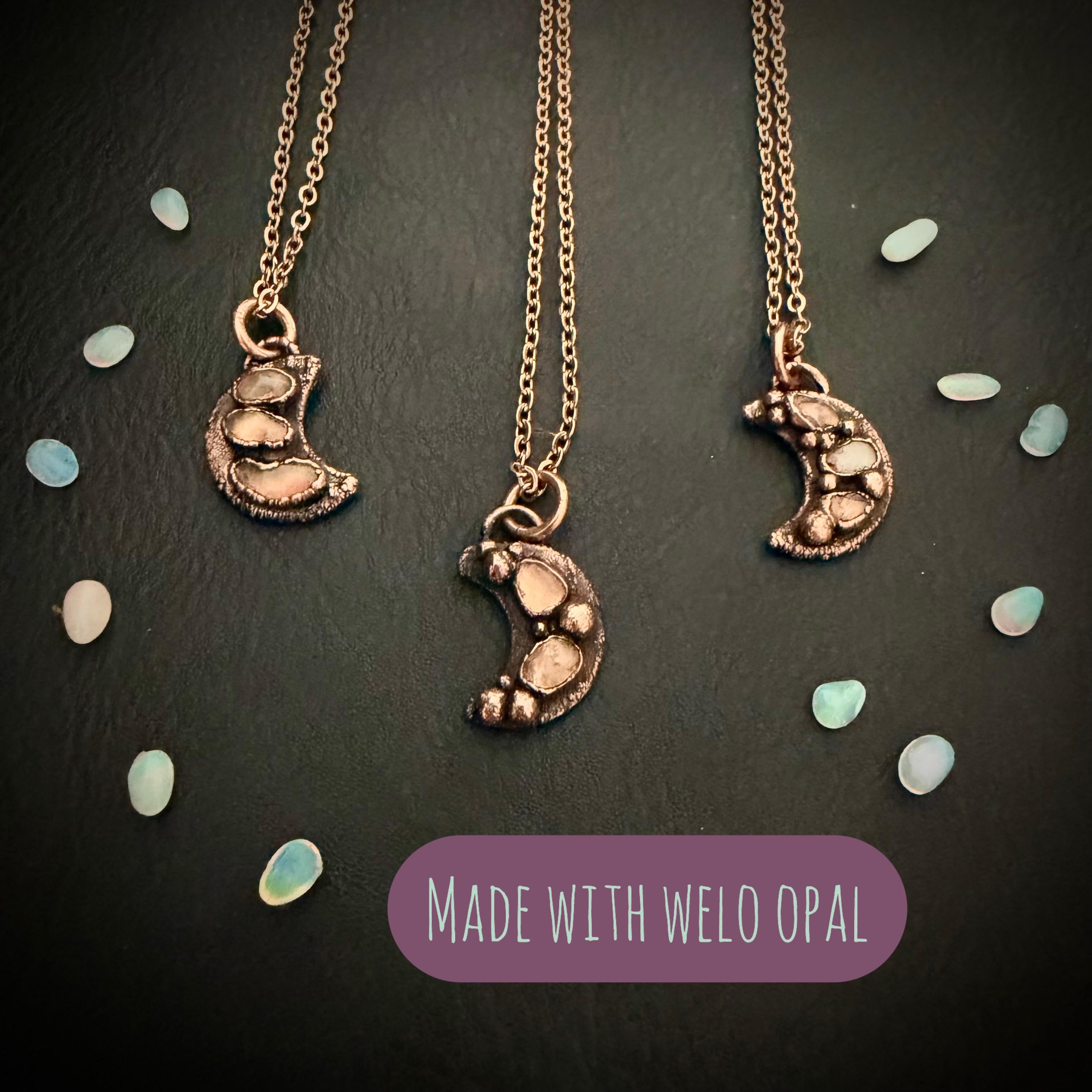 Welo Opal Moon Necklace | Electroformed Copper Pendant, Celestial Jewelry