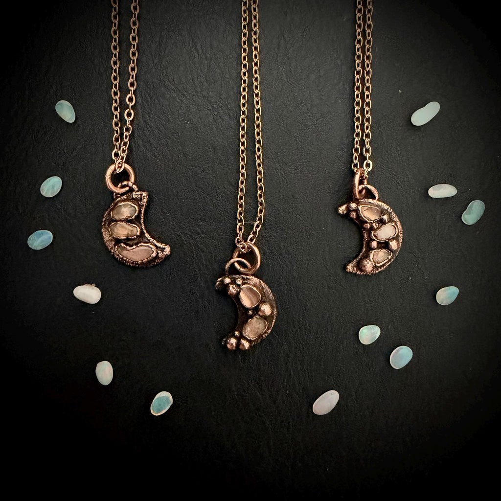 Welo Opal Moon Necklace | Electroformed Copper Pendant, Celestial Jewelry