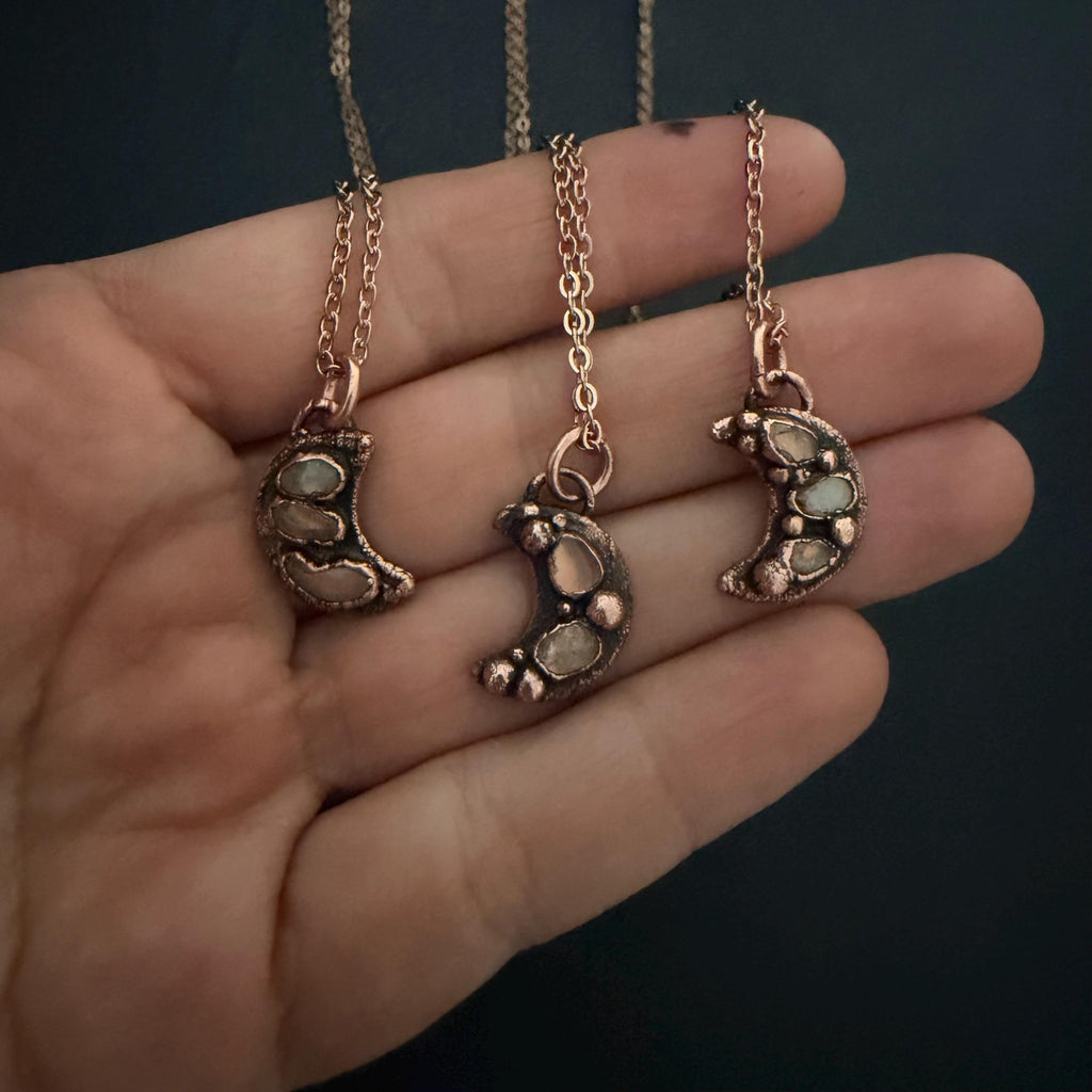 Welo Opal Moon Necklace | Electroformed Copper Pendant, Celestial Jewelry