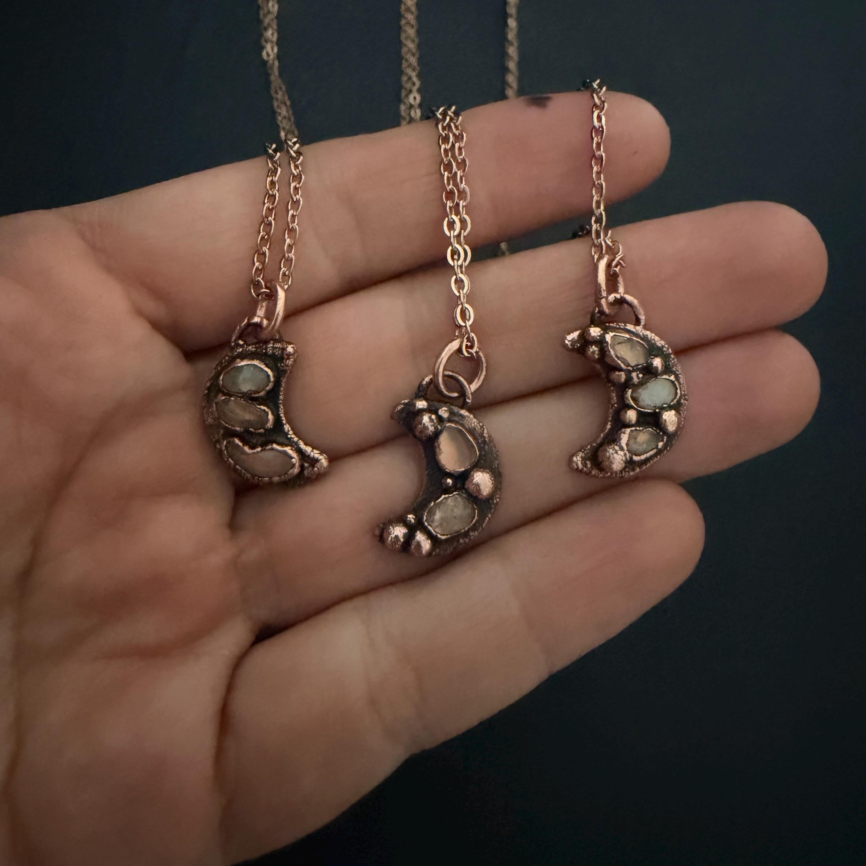 Welo Opal Moon Necklace | Electroformed Copper Pendant, Celestial Jewelry