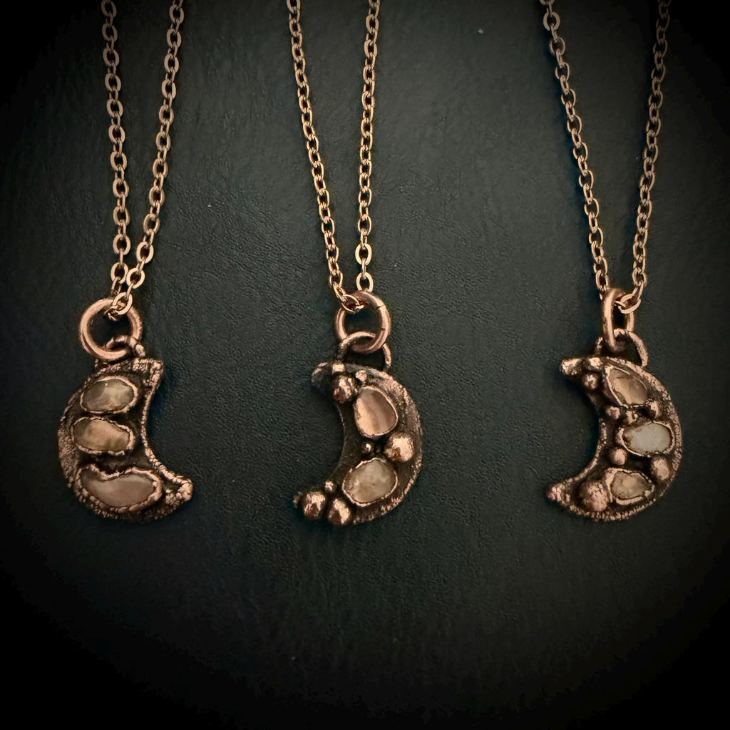 Welo Opal Moon Necklace | Electroformed Copper Pendant, Celestial Jewelry