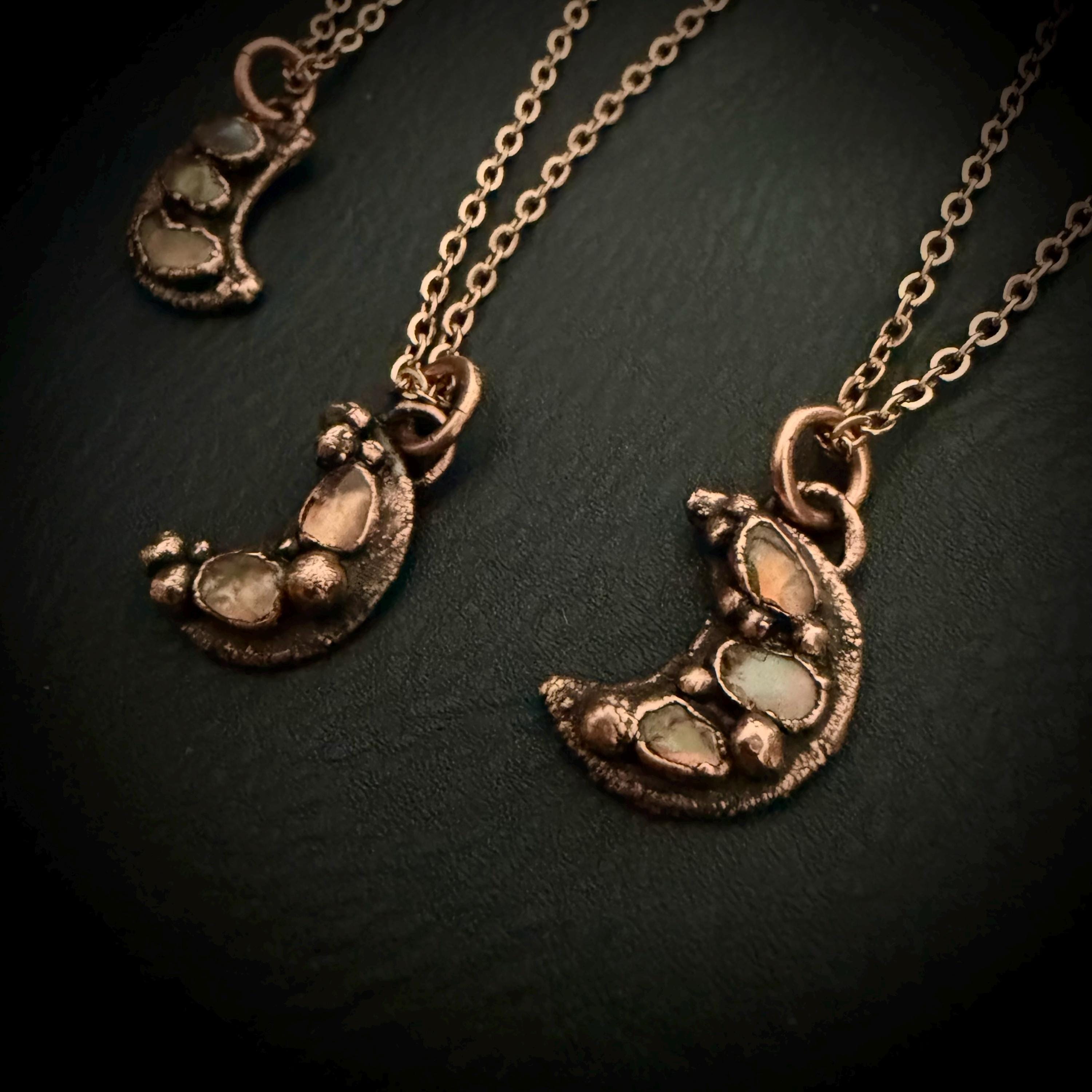 Welo Opal Moon Necklace | Electroformed Copper Pendant, Celestial Jewelry