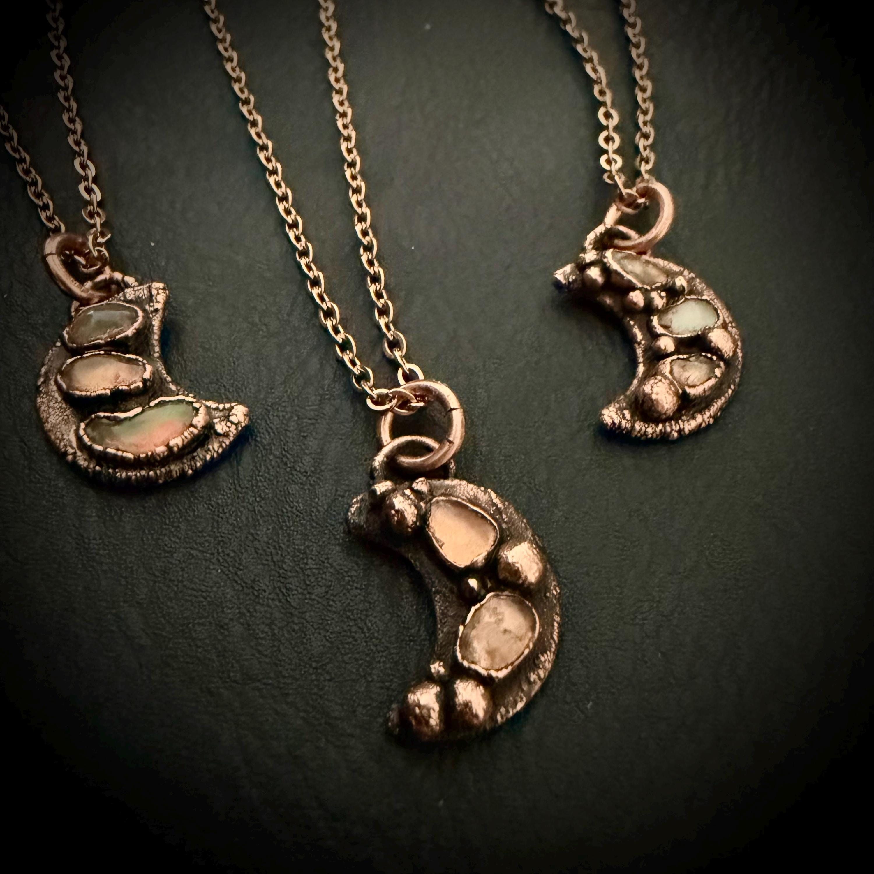 Welo Opal Moon Necklace | Electroformed Copper Pendant, Celestial Jewelry