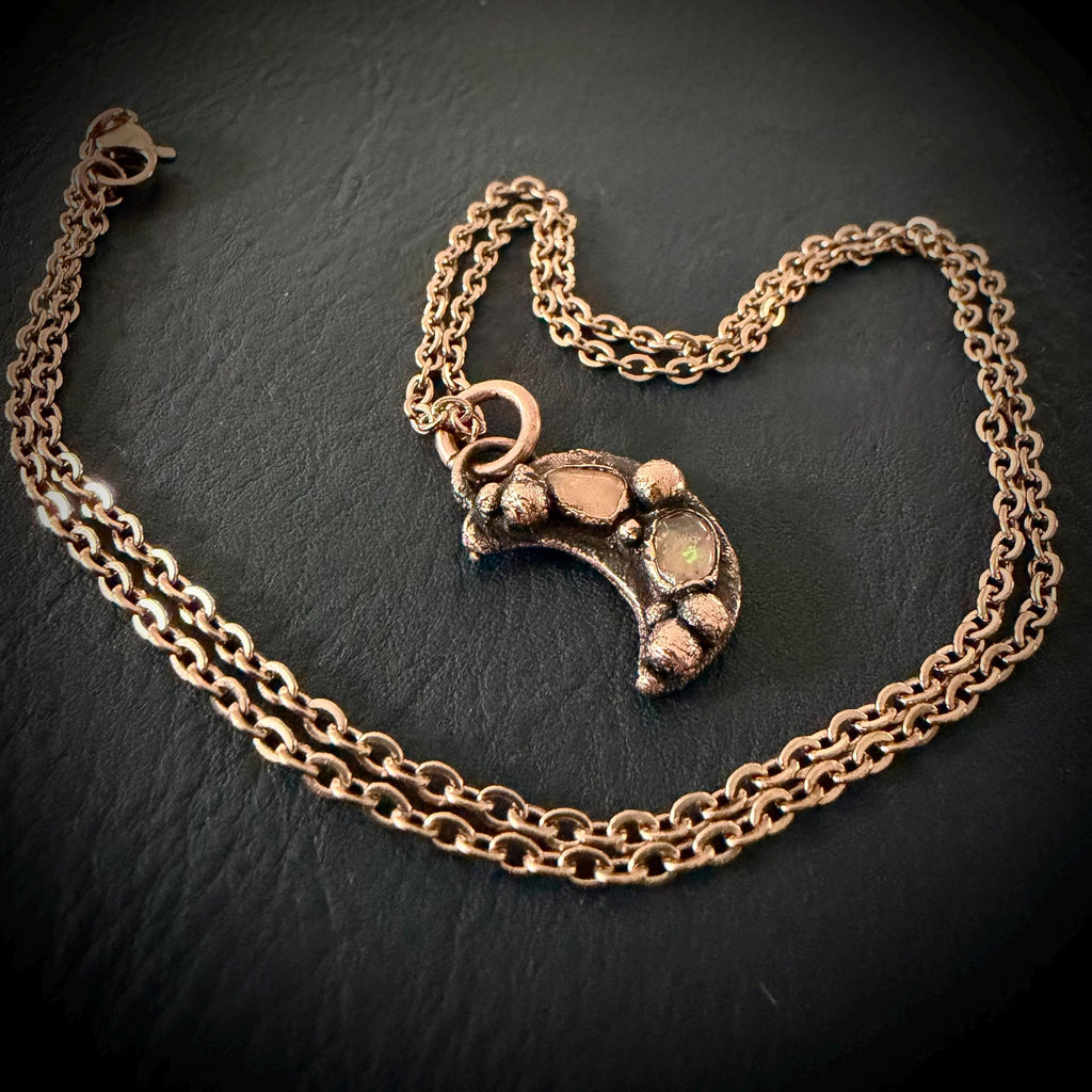 Welo Opal Moon Necklace | Electroformed Copper Pendant, Celestial Jewelry