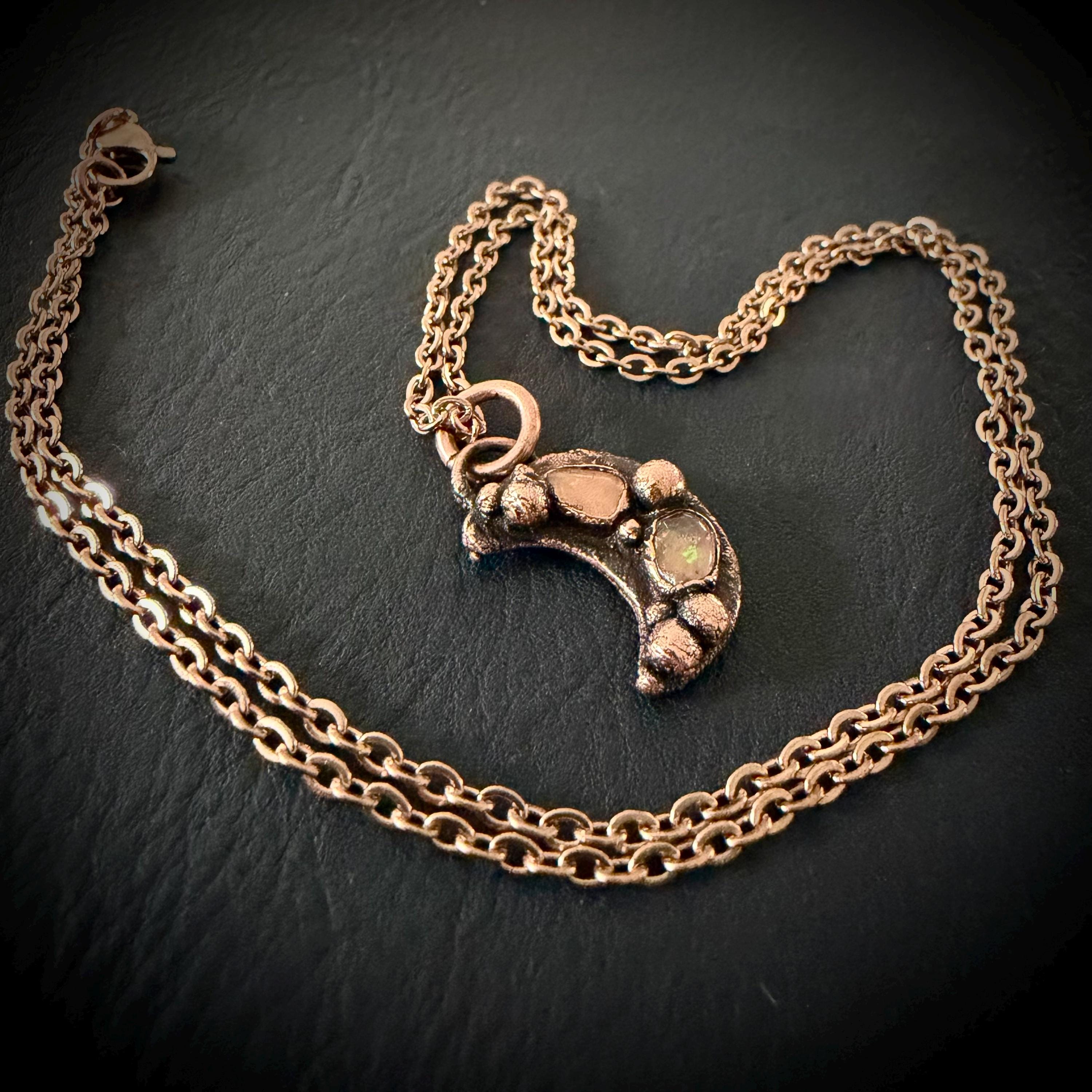 Welo Opal Moon Necklace | Electroformed Copper Pendant, Celestial Jewelry