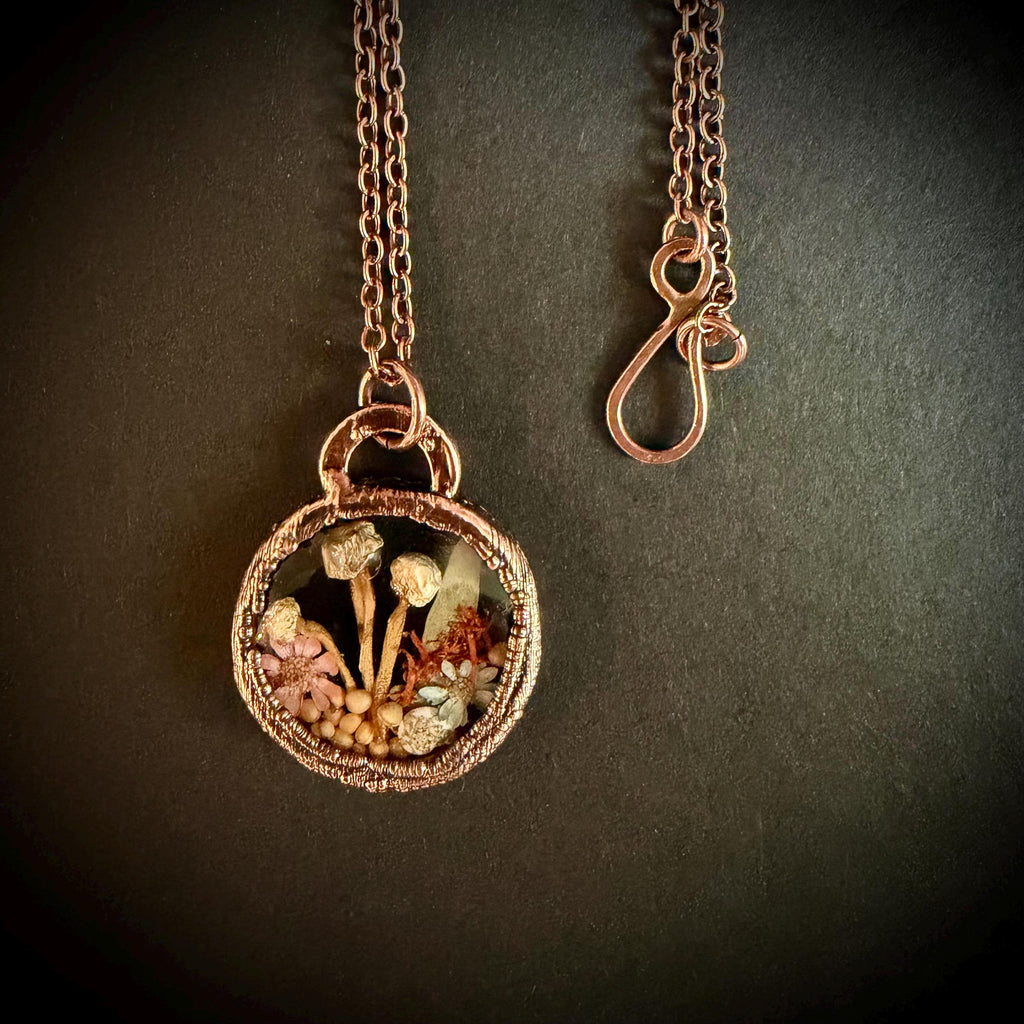 Electroformed Copper Goblincore Mushroom Garden Pendant | Real Plant in Resin | Mushroom Necklace