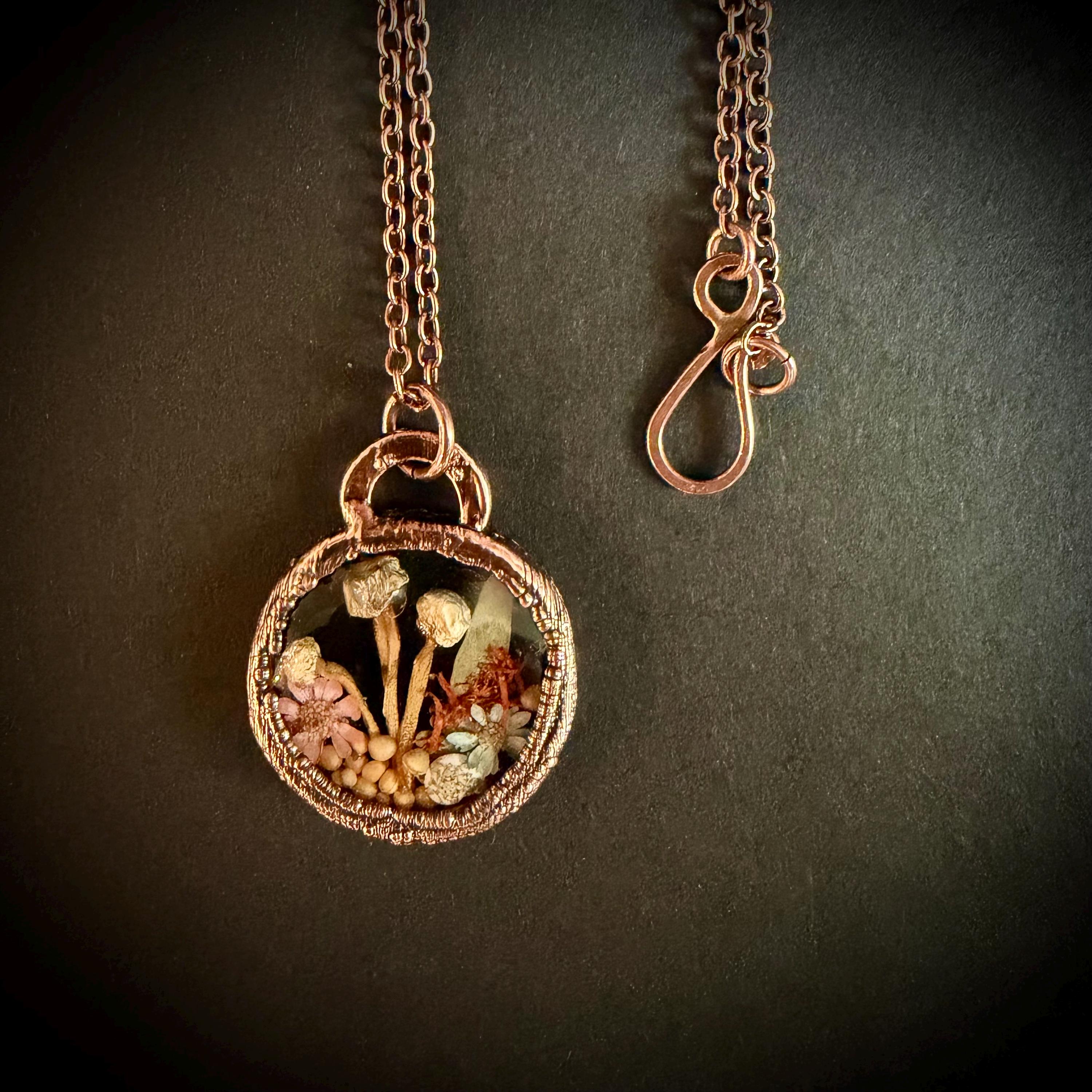 Electroformed Copper Goblincore Mushroom Garden Pendant | Real Plant in Resin | Mushroom Necklace