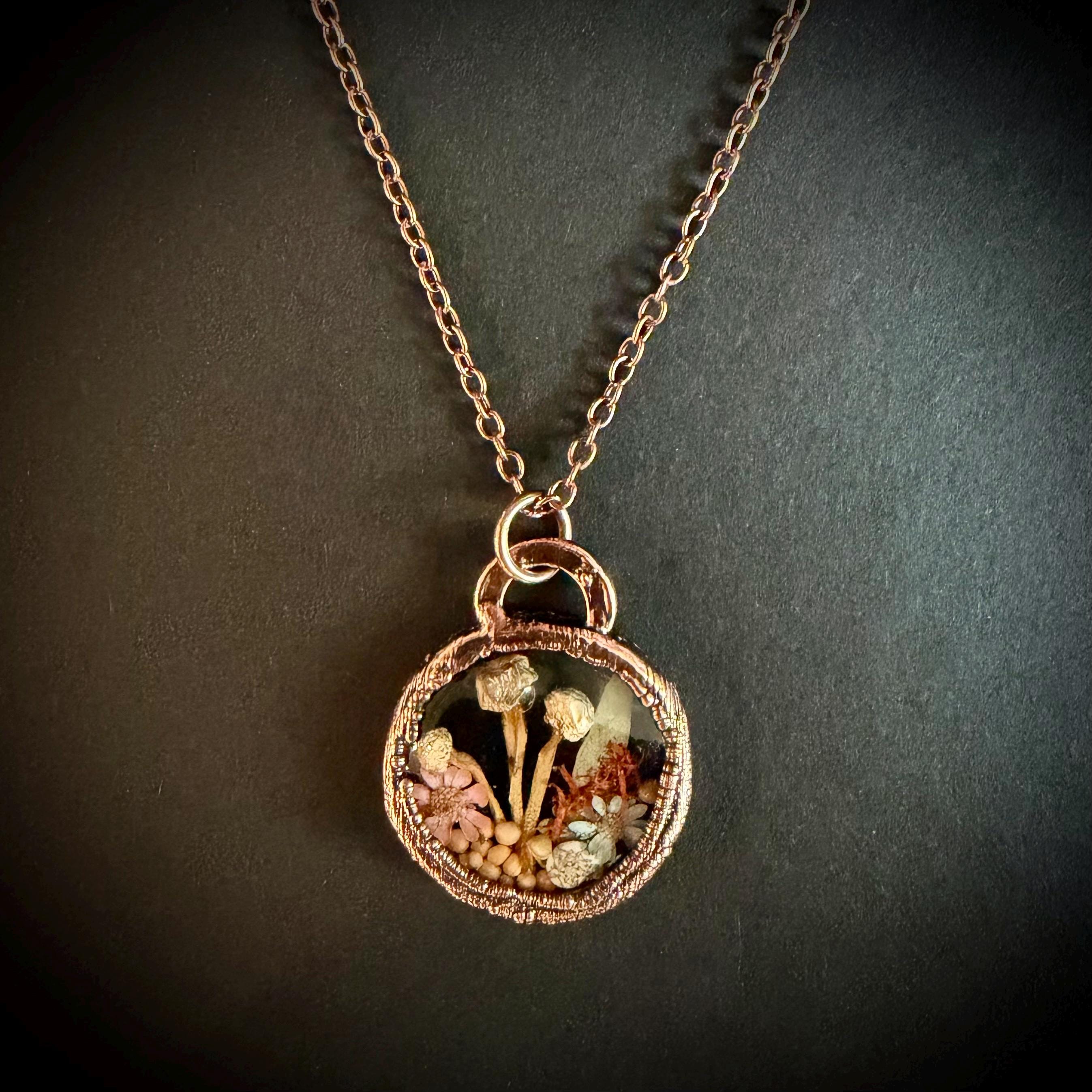Electroformed Copper Goblincore Mushroom Garden Pendant | Real Plant in Resin | Mushroom Necklace