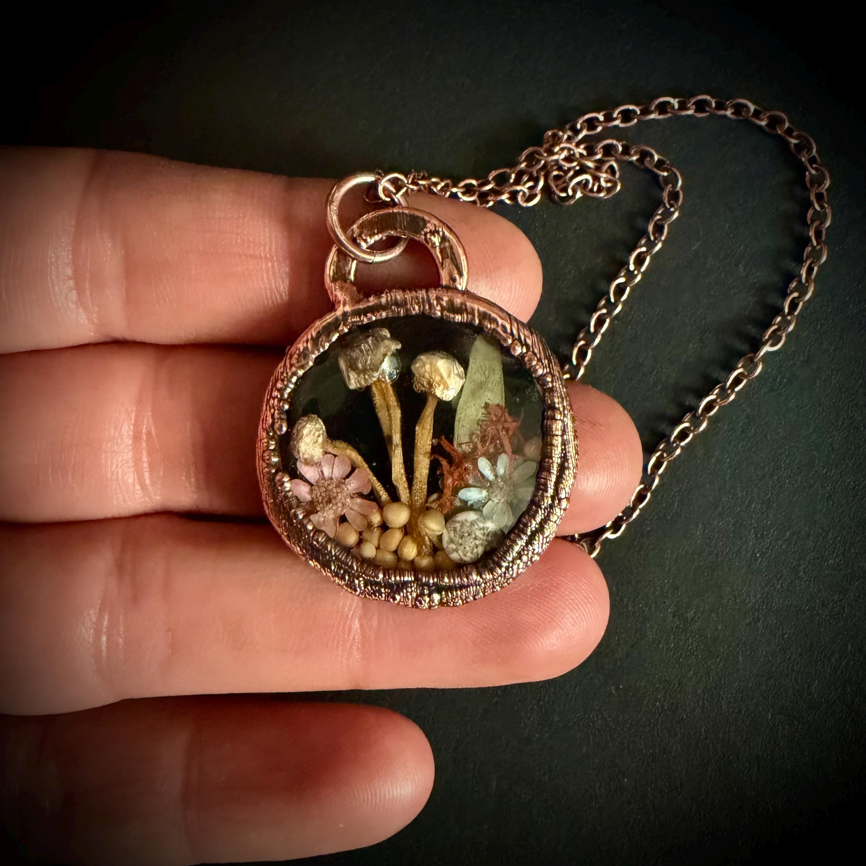 Electroformed Copper Goblincore Mushroom Garden Pendant | Real Plant in Resin | Mushroom Necklace