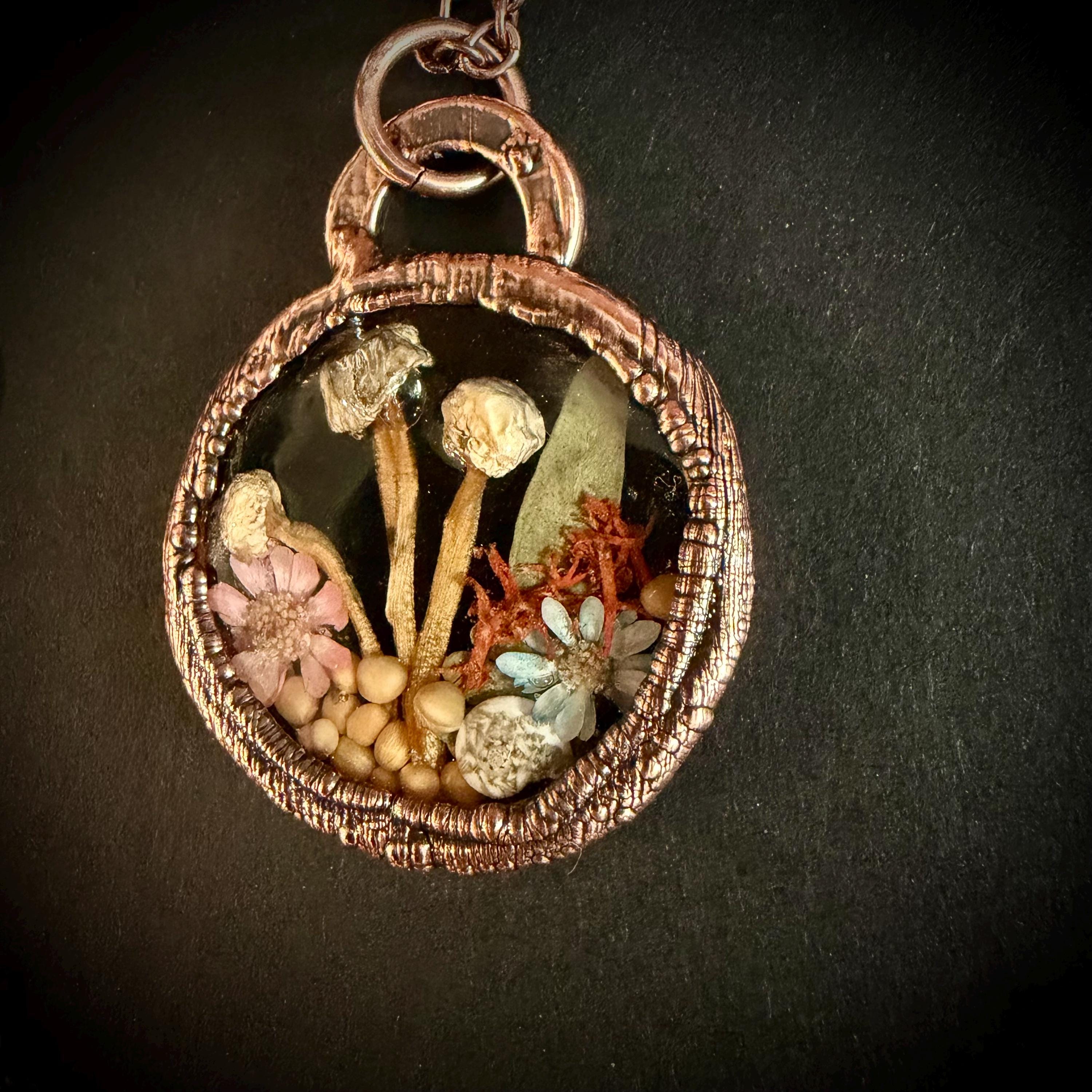 Electroformed Copper Goblincore Mushroom Garden Pendant | Real Plant in Resin | Mushroom Necklace