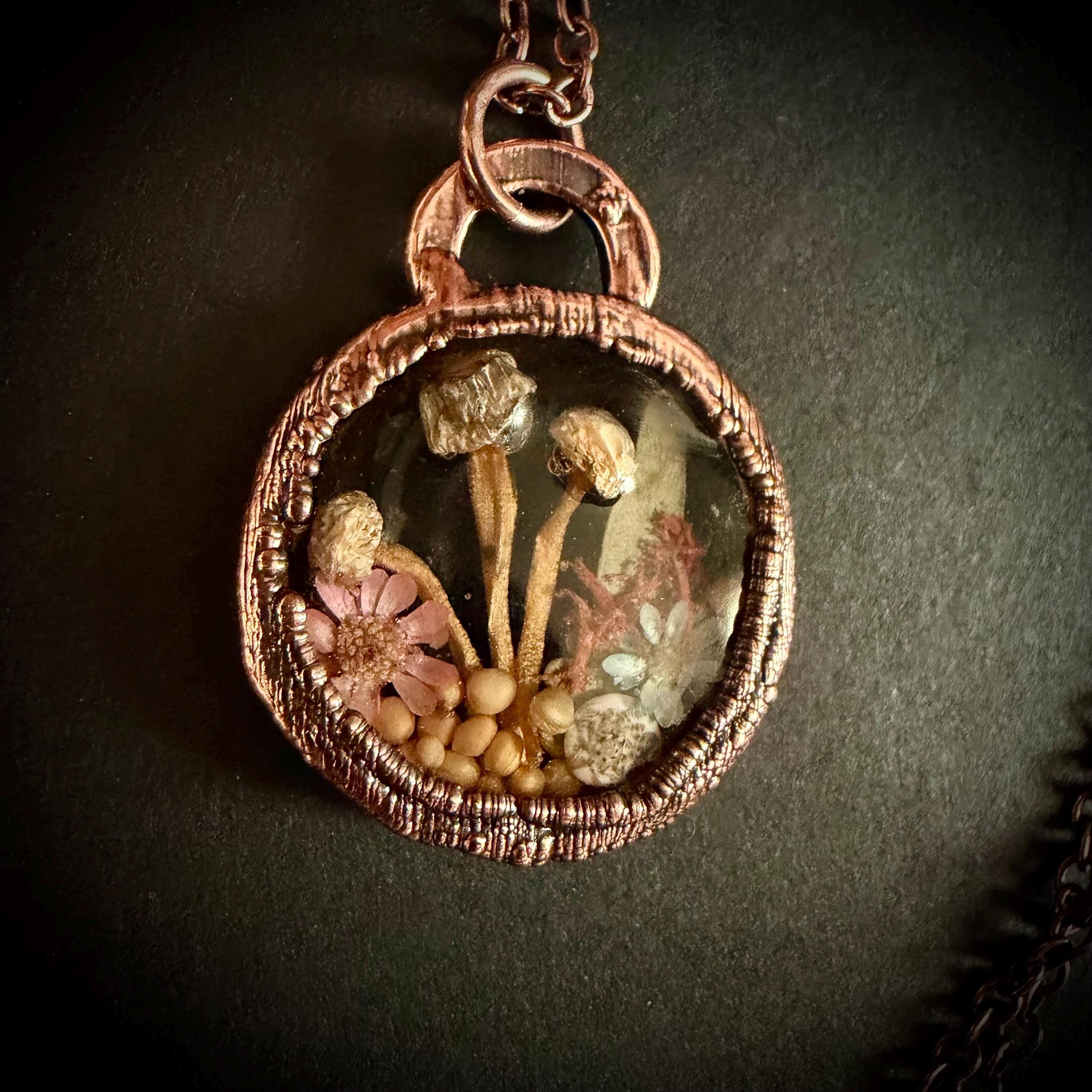 Electroformed Copper Goblincore Mushroom Garden Pendant | Real Plant in Resin | Mushroom Necklace
