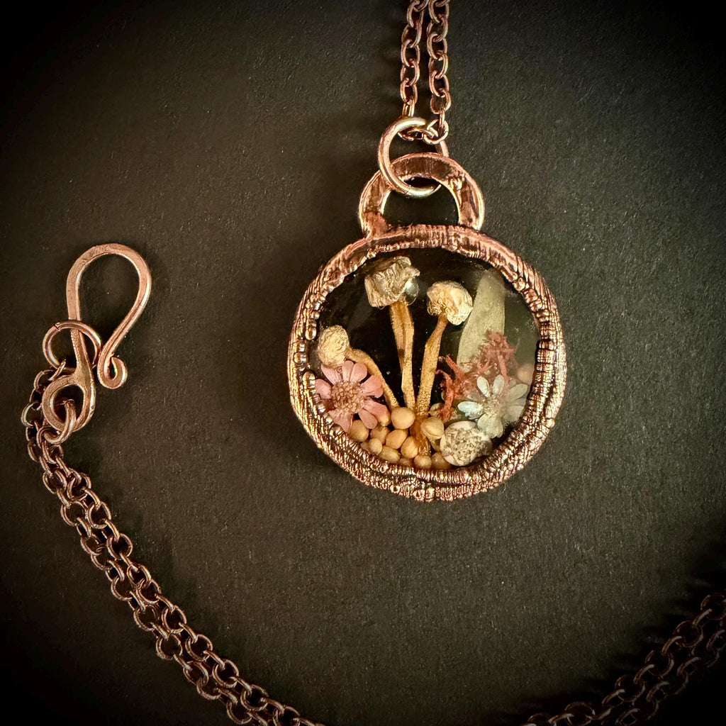 Electroformed Copper Goblincore Mushroom Garden Pendant | Real Plant in Resin | Mushroom Necklace
