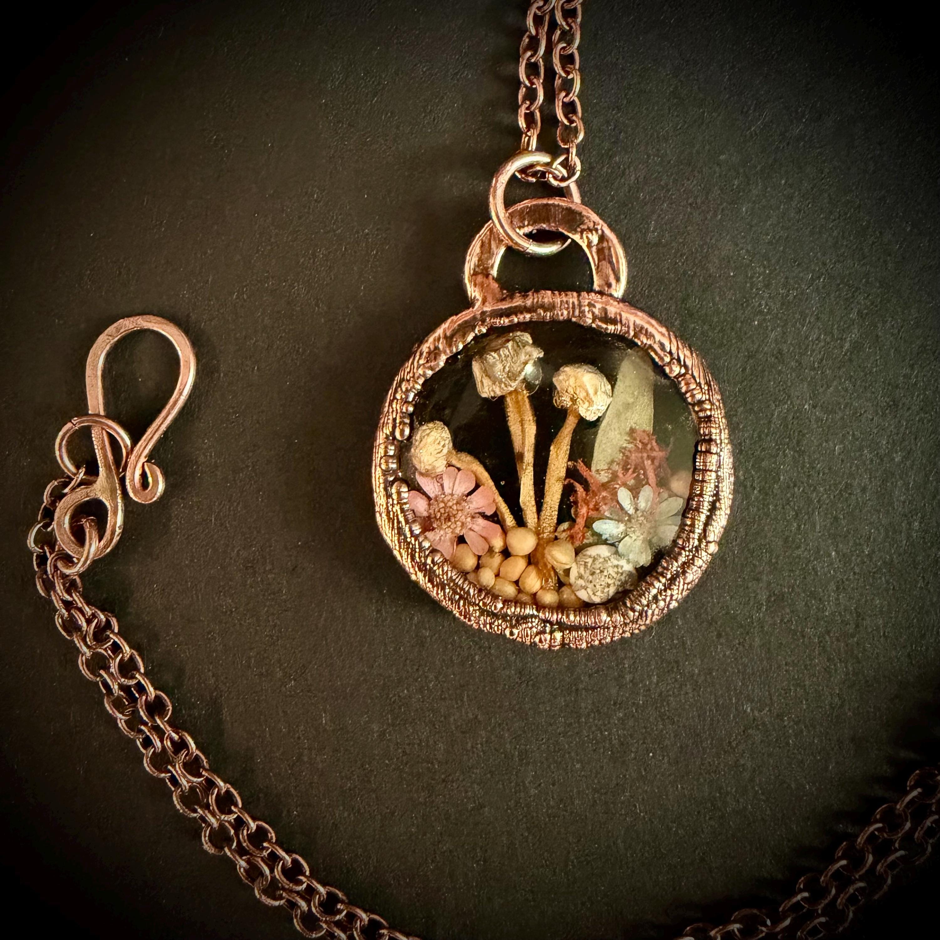 Electroformed Copper Goblincore Mushroom Garden Pendant | Real Plant in Resin | Mushroom Necklace