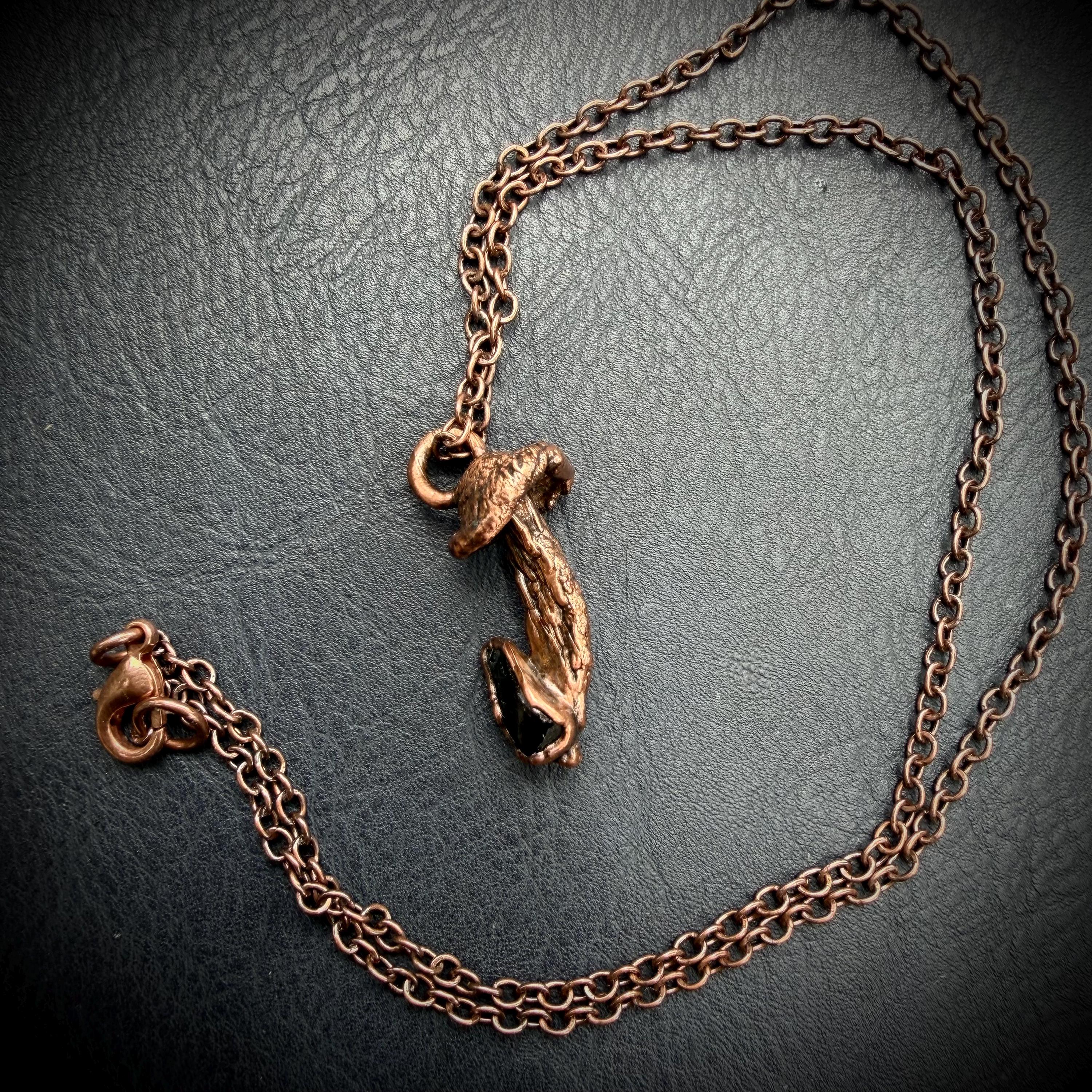 Real Mushroom Necklace with Gemstone | Electroformed Copper Pendant | Nature Jewelry | One of a Kind Crystal Necklace