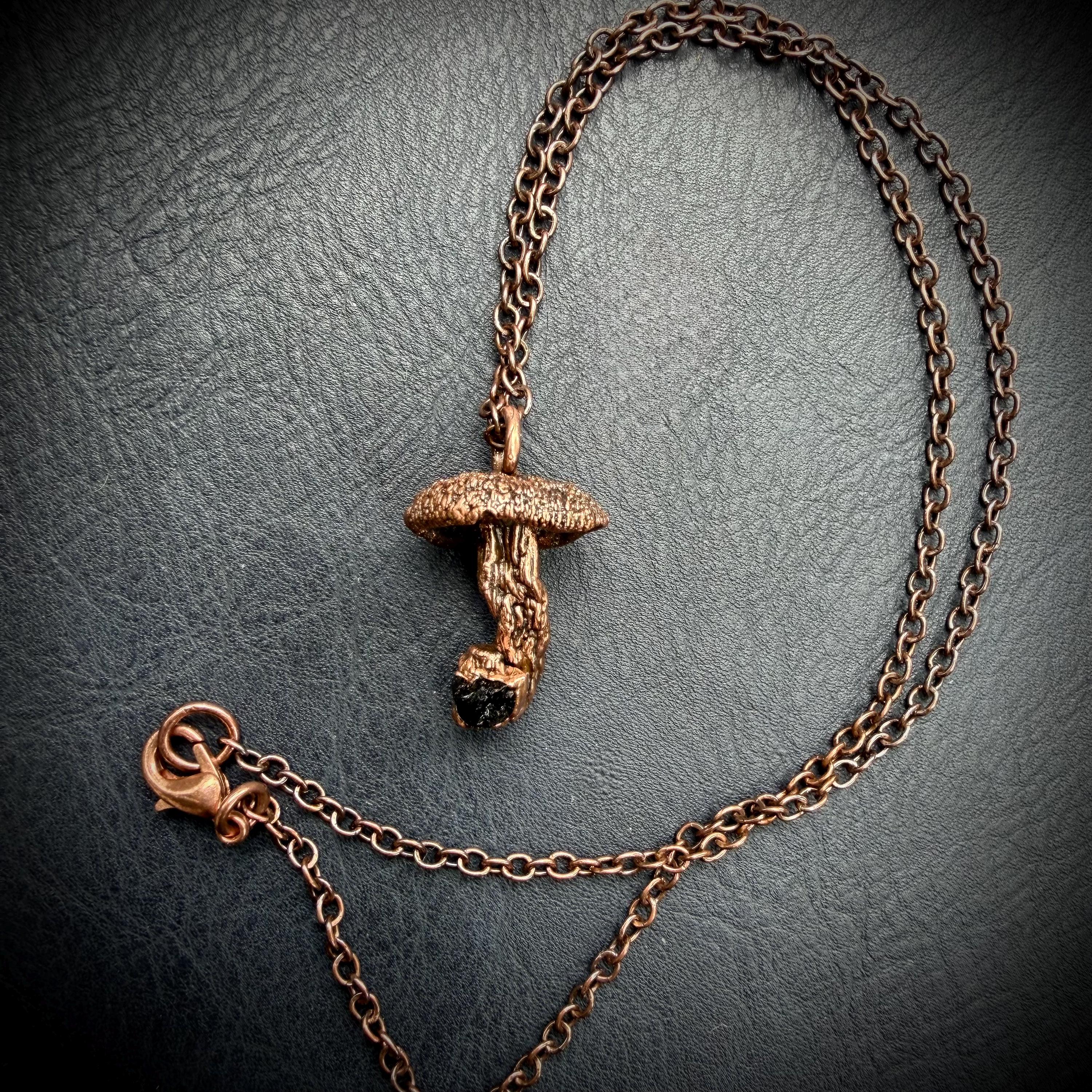 Real Mushroom Necklace with Gemstone | Electroformed Copper Pendant | Nature Jewelry | One of a Kind Crystal Necklace