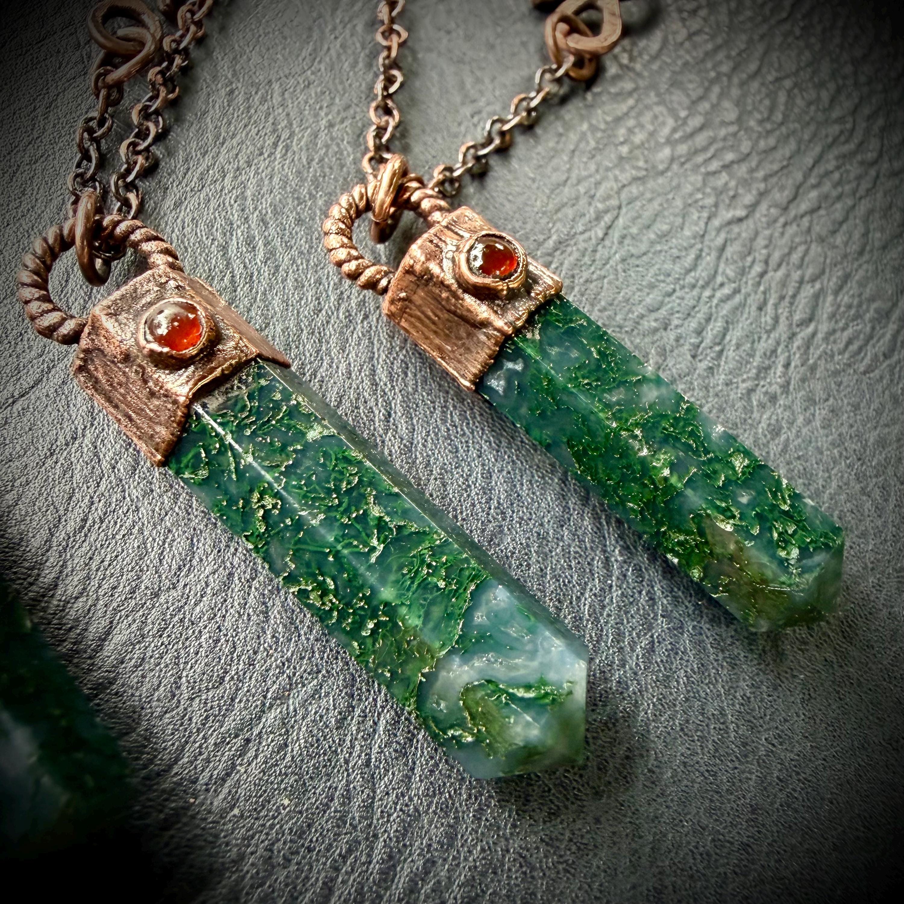 Moss Agate Crystal Point Necklace with Carnelian | Electroformed Copper Pendant | Handmade Patina Chain | Nature-Inspired Jewelry