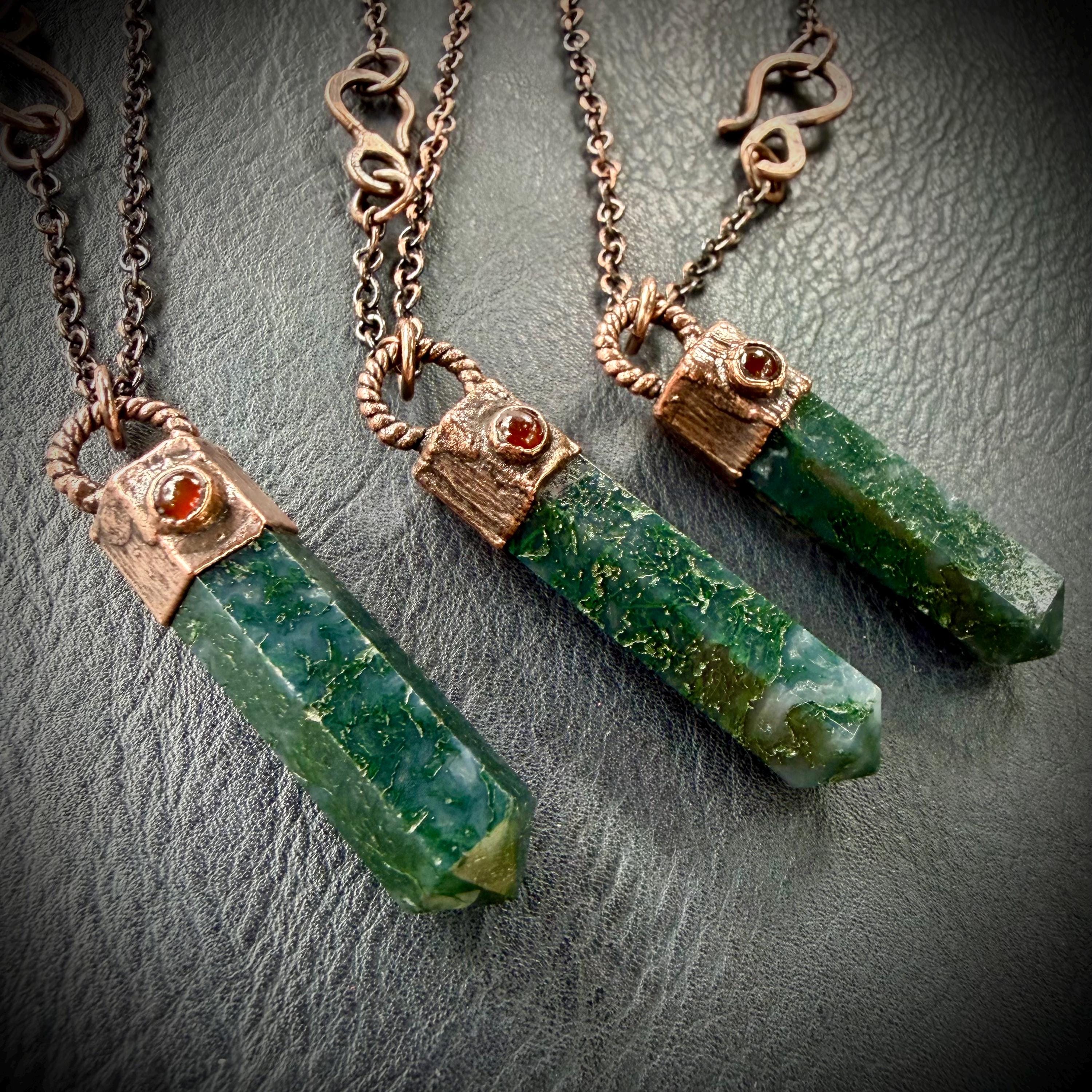Moss Agate Crystal Point Necklace with Carnelian | Electroformed Copper Pendant | Handmade Patina Chain | Nature-Inspired Jewelry