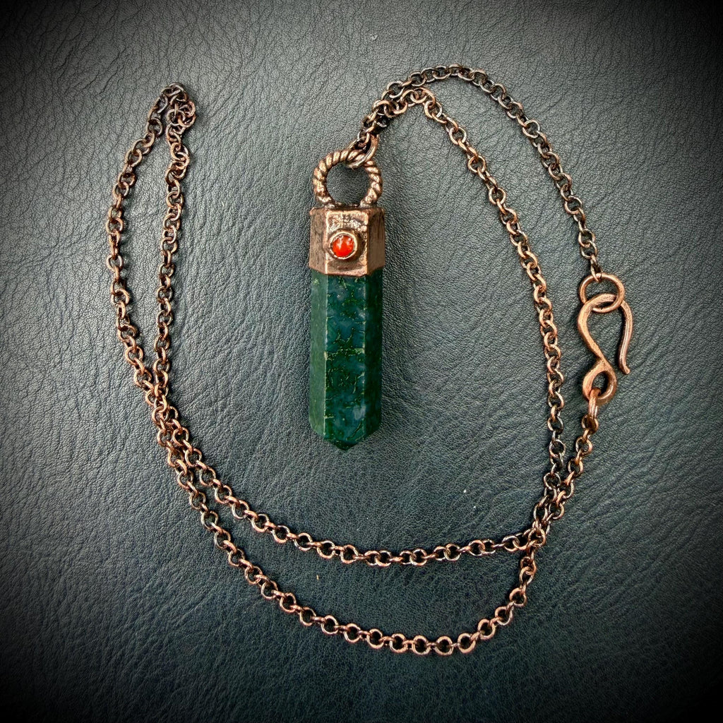 Moss Agate Crystal Point Necklace with Carnelian | Electroformed Copper Pendant | Handmade Patina Chain | Nature-Inspired Jewelry
