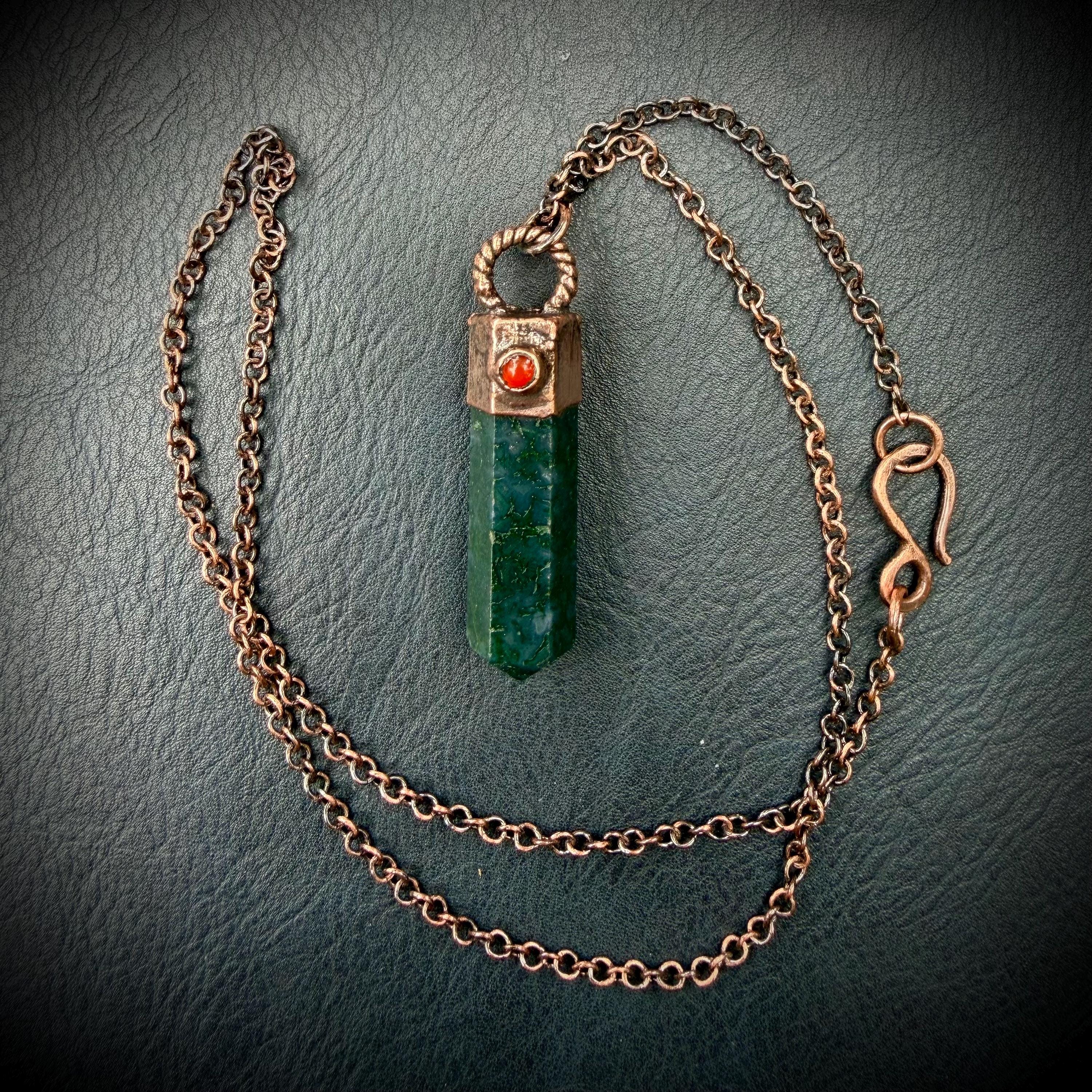 Moss Agate Crystal Point Necklace with Carnelian | Electroformed Copper Pendant | Handmade Patina Chain | Nature-Inspired Jewelry