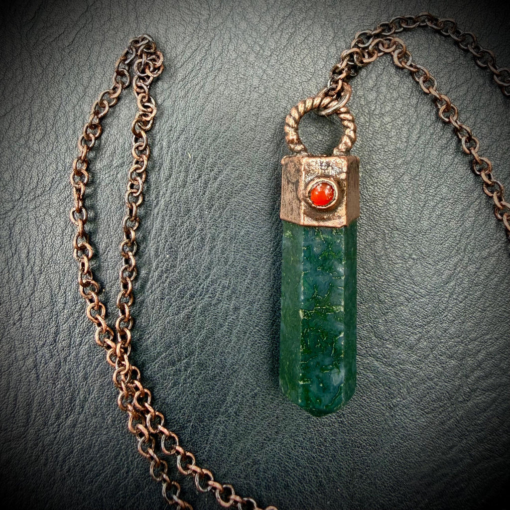 Moss Agate Crystal Point Necklace with Carnelian | Electroformed Copper Pendant | Handmade Patina Chain | Nature-Inspired Jewelry