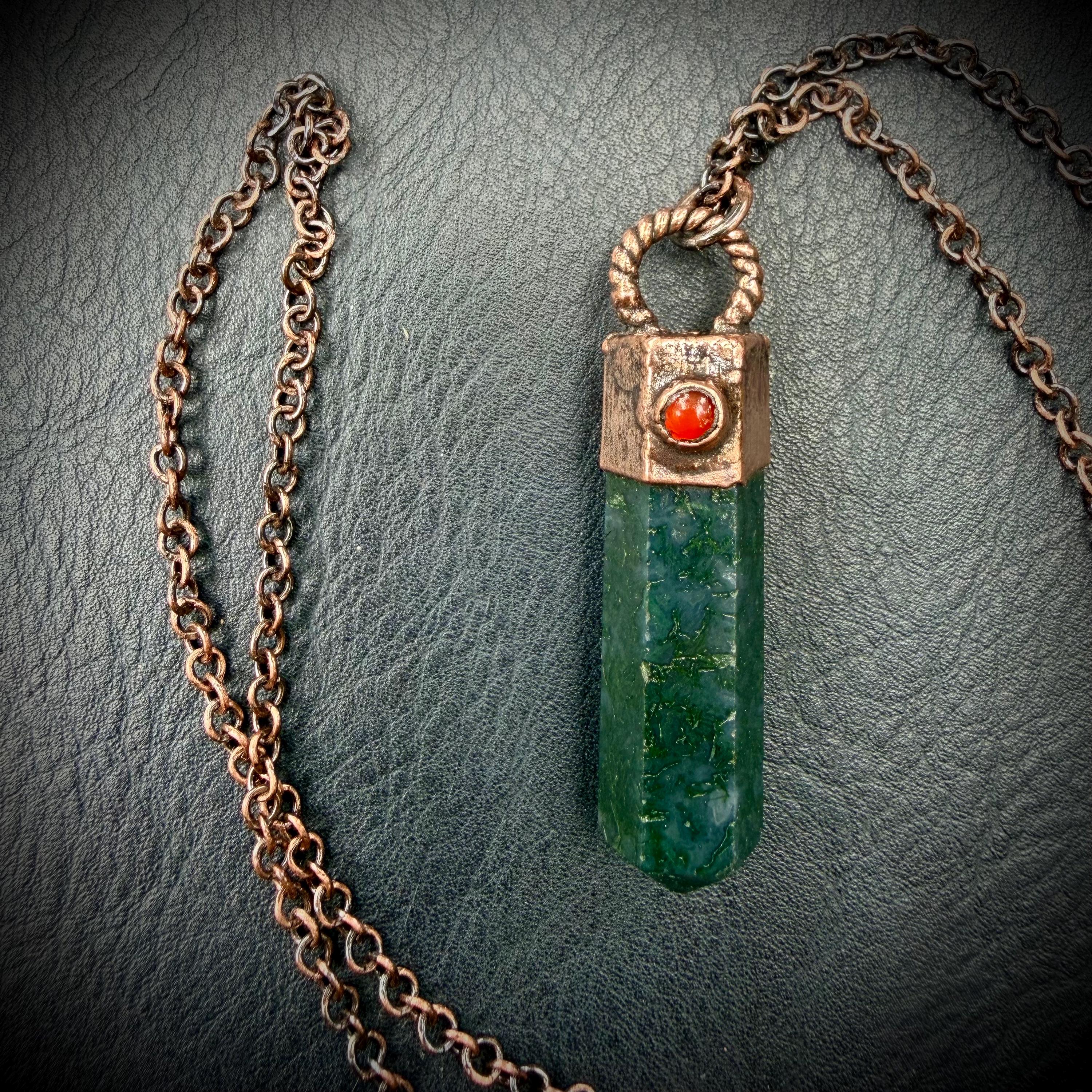 Moss Agate Crystal Point Necklace with Carnelian | Electroformed Copper Pendant | Handmade Patina Chain | Nature-Inspired Jewelry