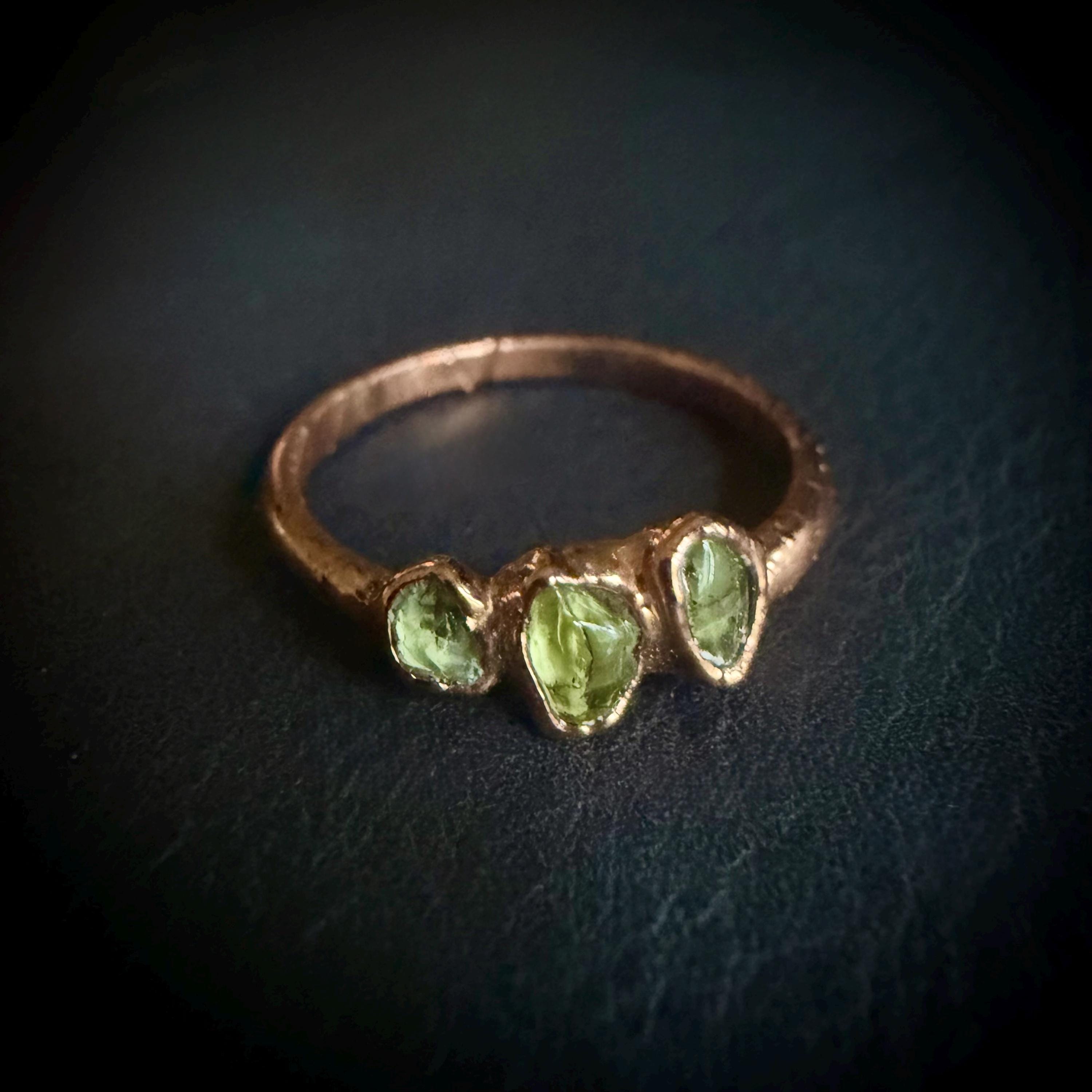 Peridot Three Stone Ring Size 7 | Electroformed Copper Ring | Handmade Crystal Jewelry | Boho Statement Ring | Custom Size Available