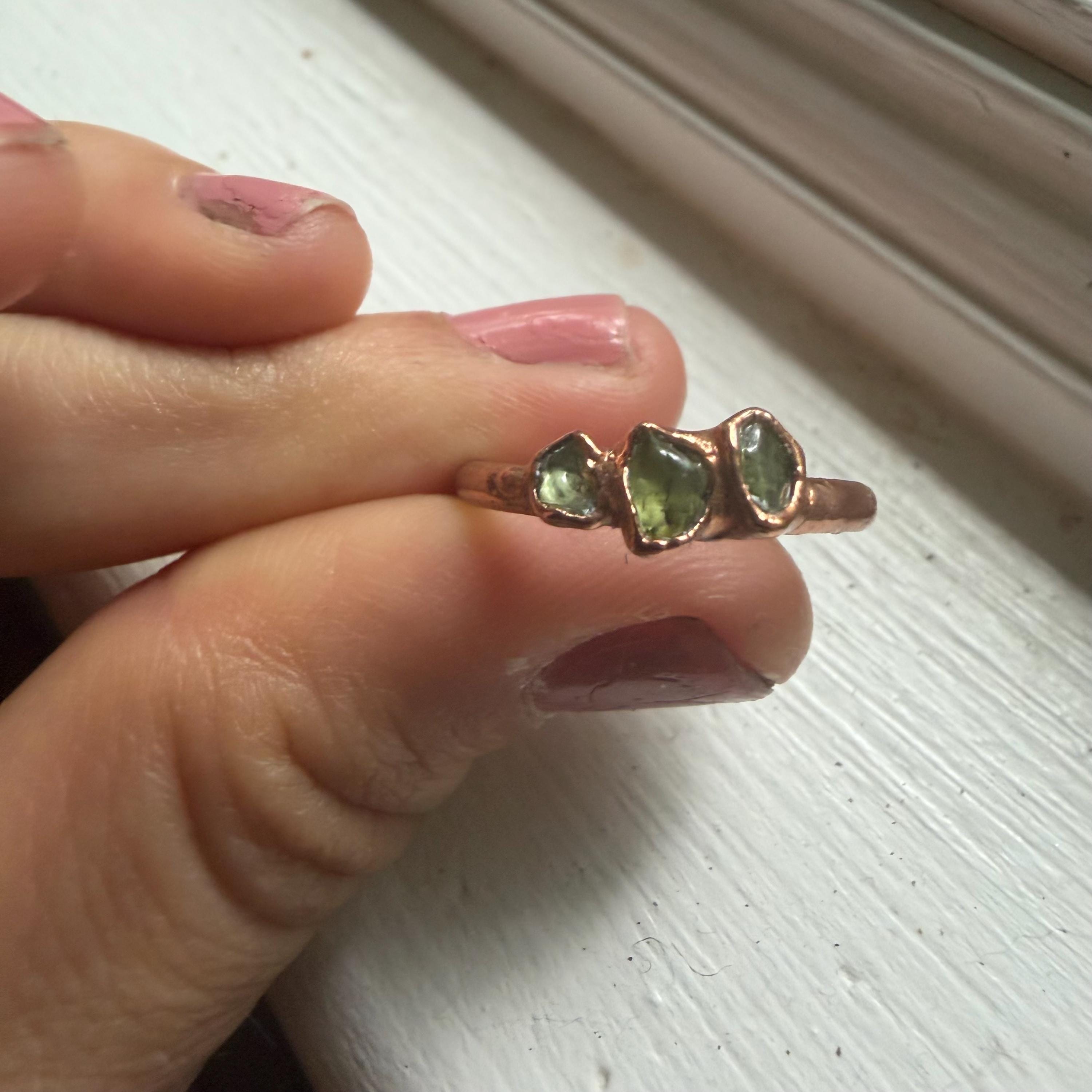 Peridot Three Stone Ring Size 7 | Electroformed Copper Ring | Handmade Crystal Jewelry | Boho Statement Ring | Custom Size Available