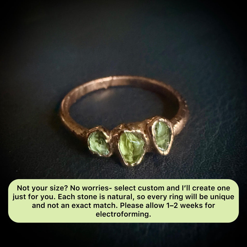 Peridot Three Stone Ring Size 7 | Electroformed Copper Ring | Handmade Crystal Jewelry | Boho Statement Ring | Custom Size Available