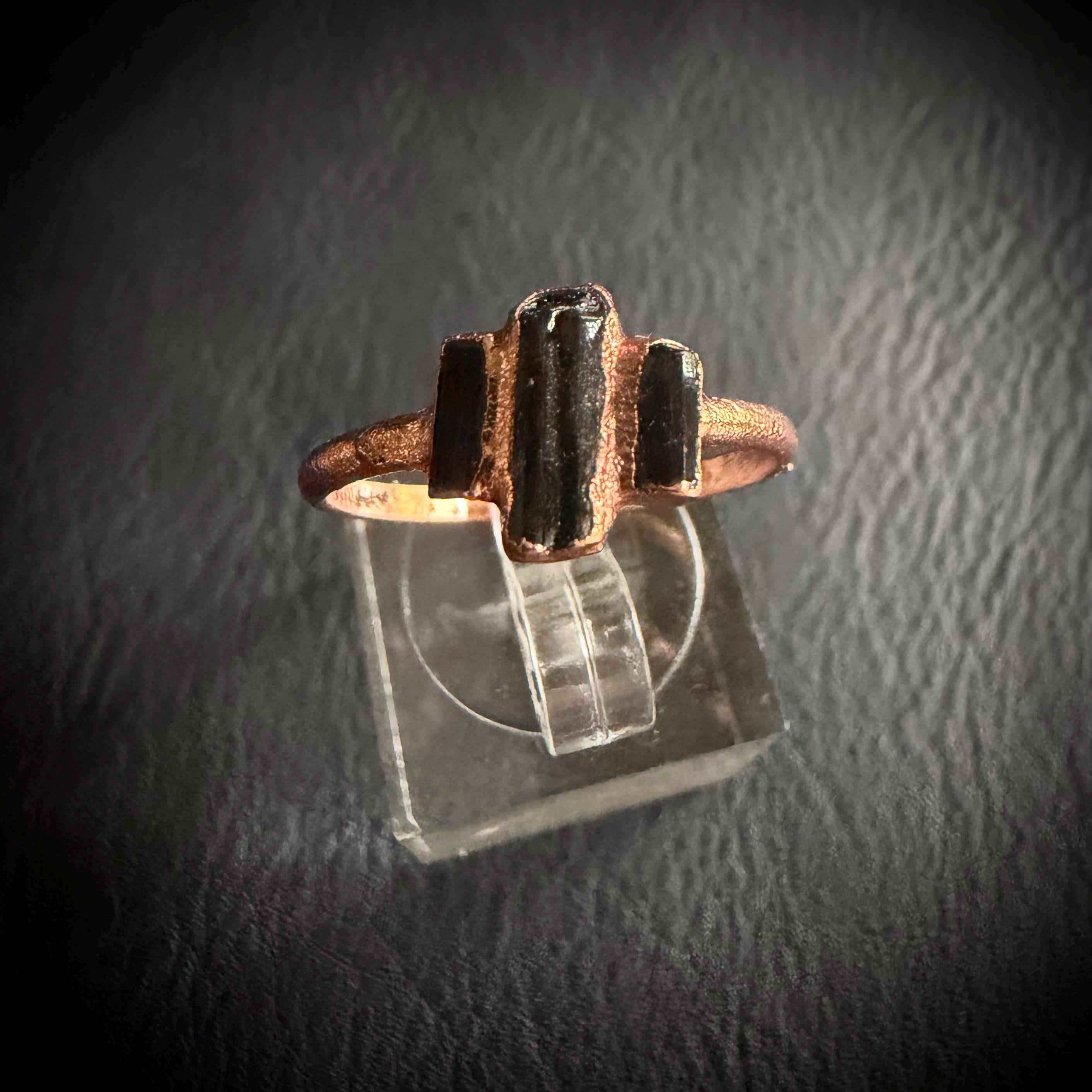 Black Tourmaline Three Stone Ring (Size 4 & 8) | Electroformed Copper Ring | Protective Crystal Jewelry | Handmade Boho Ring | Custom Size
