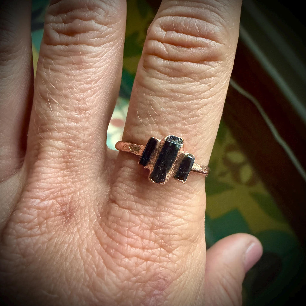 Black Tourmaline Three Stone Ring (Size 4 & 8) | Electroformed Copper Ring | Protective Crystal Jewelry | Handmade Boho Ring | Custom Size