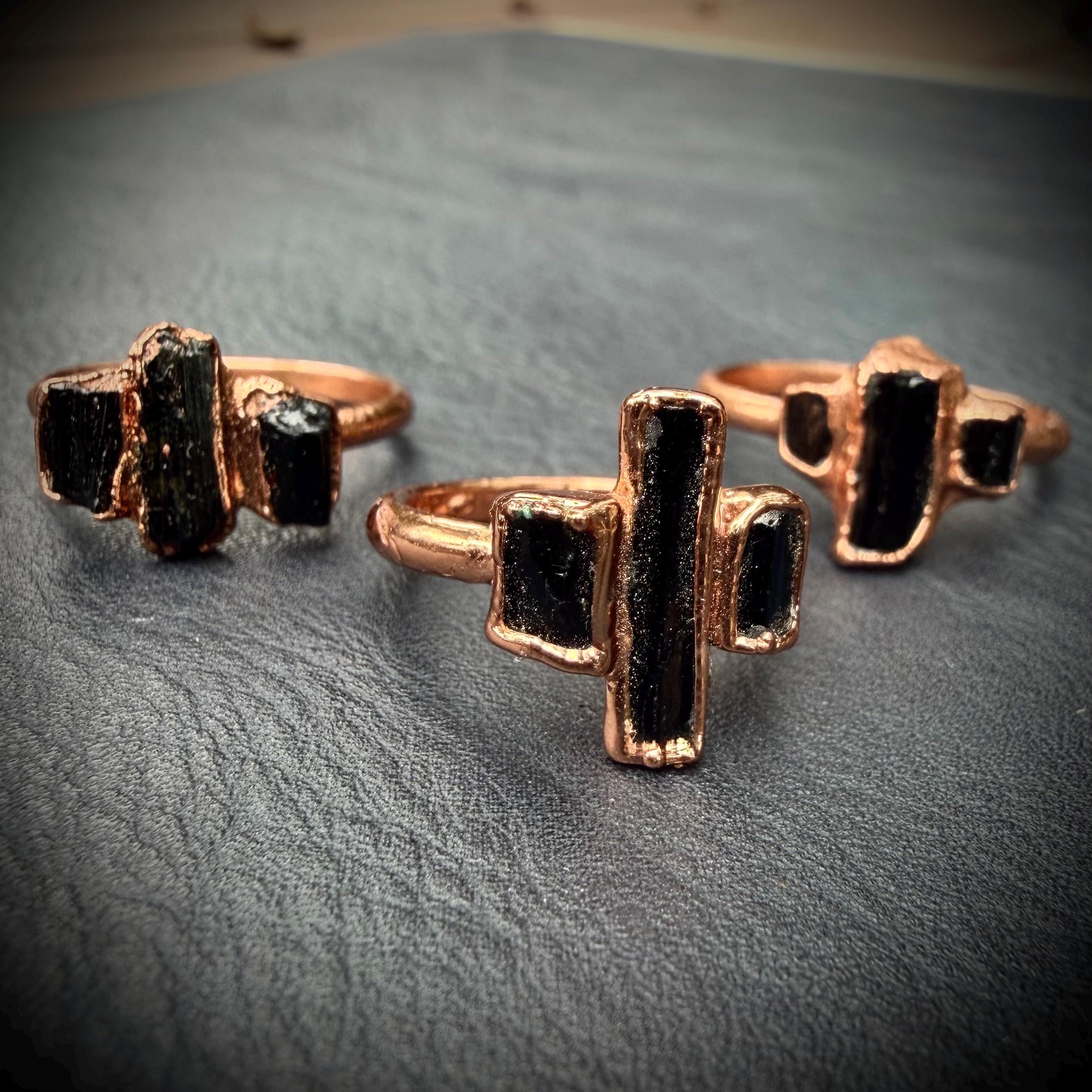 Black Tourmaline Three Stone Ring (Size 4 & 8) | Electroformed Copper Ring | Protective Crystal Jewelry | Handmade Boho Ring | Custom Size