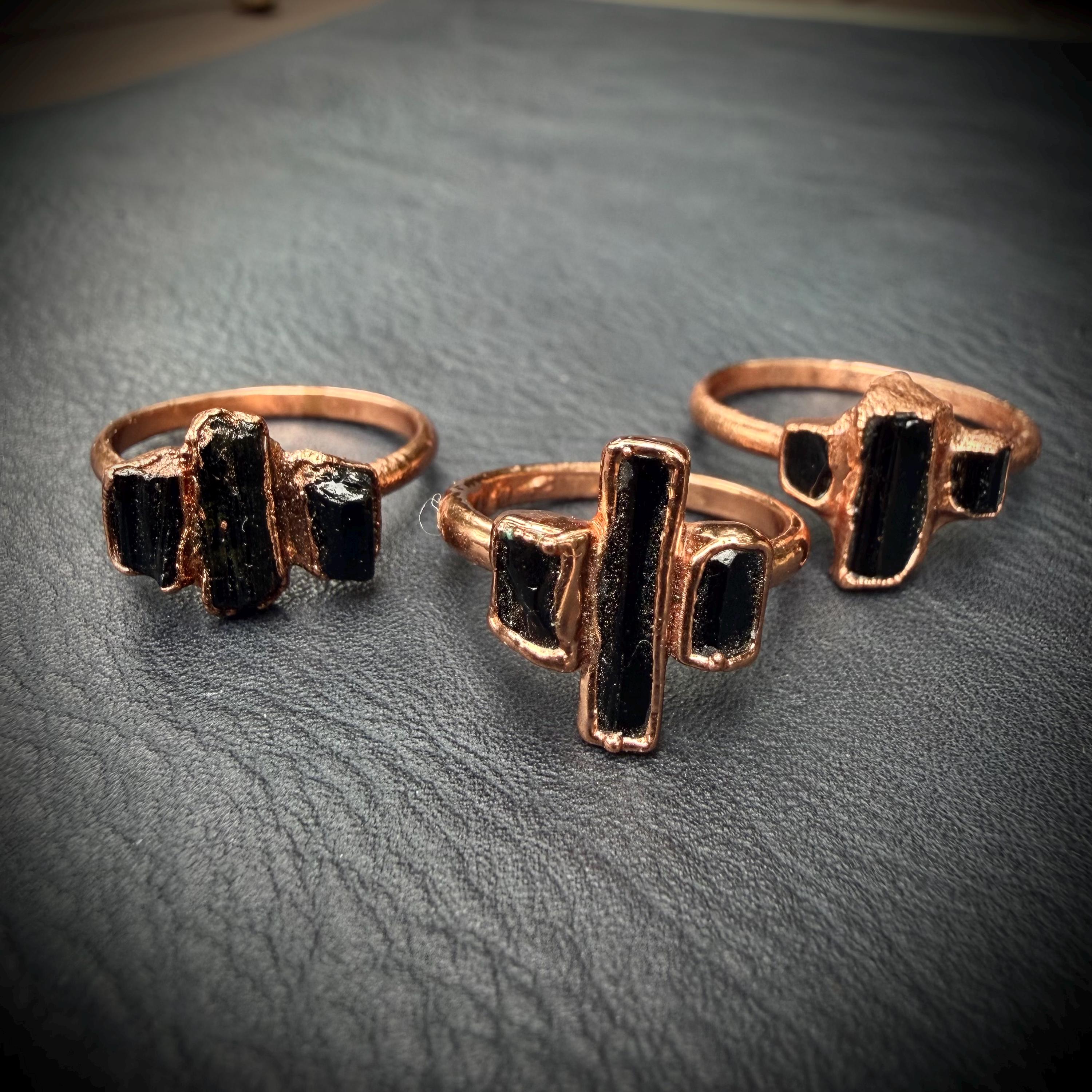 Black Tourmaline Three Stone Ring (Size 4 & 8) | Electroformed Copper Ring | Protective Crystal Jewelry | Handmade Boho Ring | Custom Size