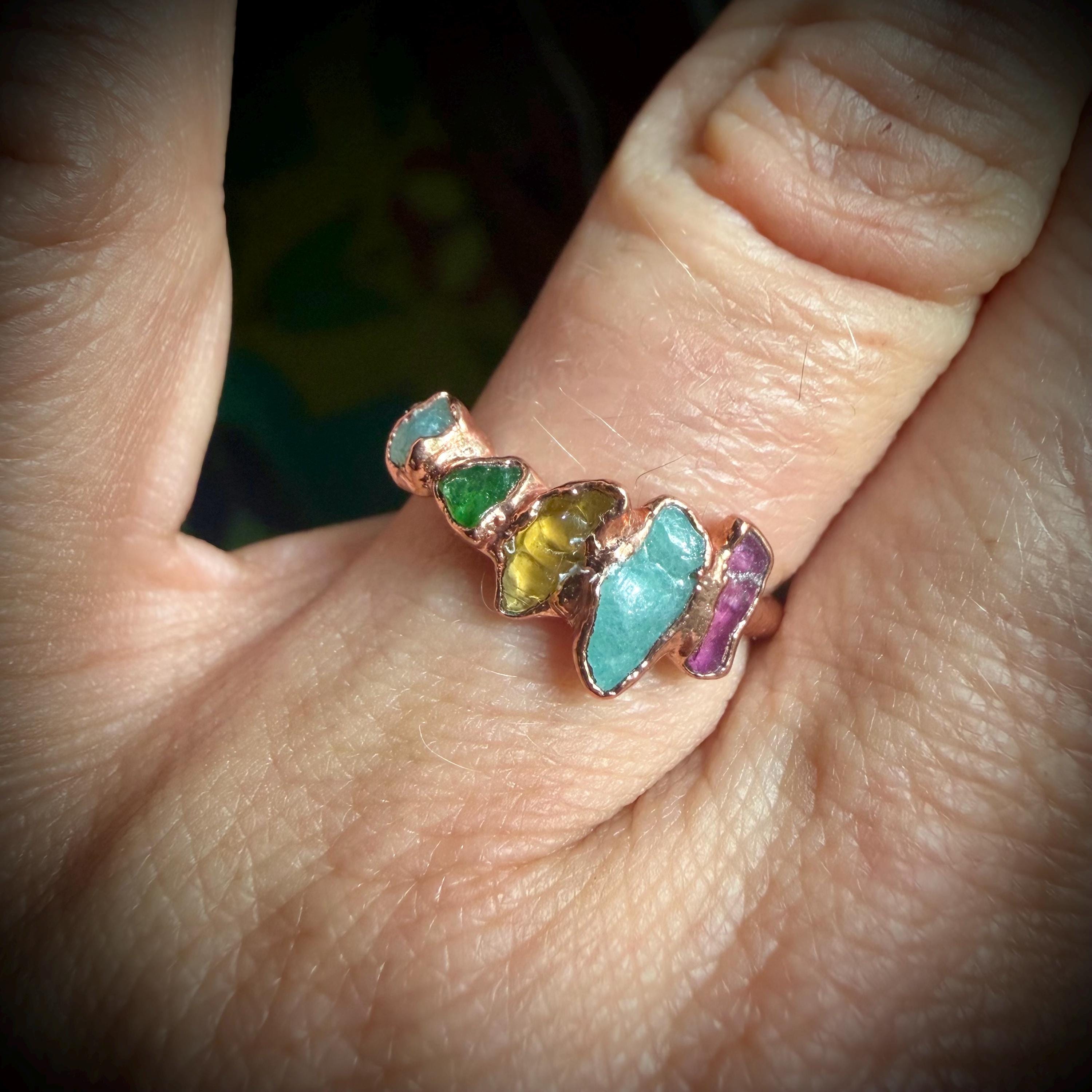 Rainbow Tourmaline Ring (Size 5 & 5.5) | Electroformed Copper Ring | Multicolor Crystal Jewelry | Handmade Boho Ring | Custom Size Available
