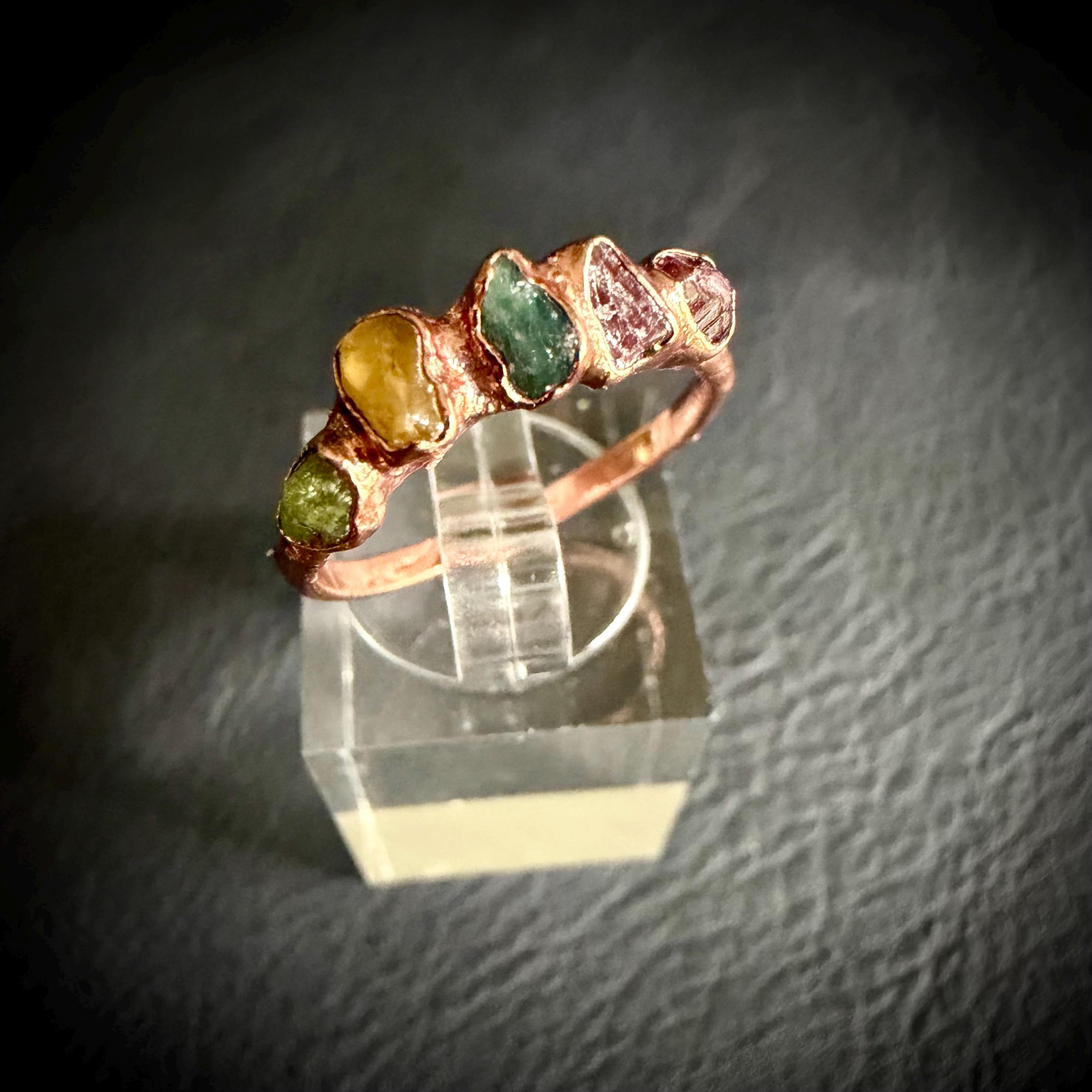 Rainbow Tourmaline Ring (Size 5 & 5.5) | Electroformed Copper Ring | Multicolor Crystal Jewelry | Handmade Boho Ring | Custom Size Available