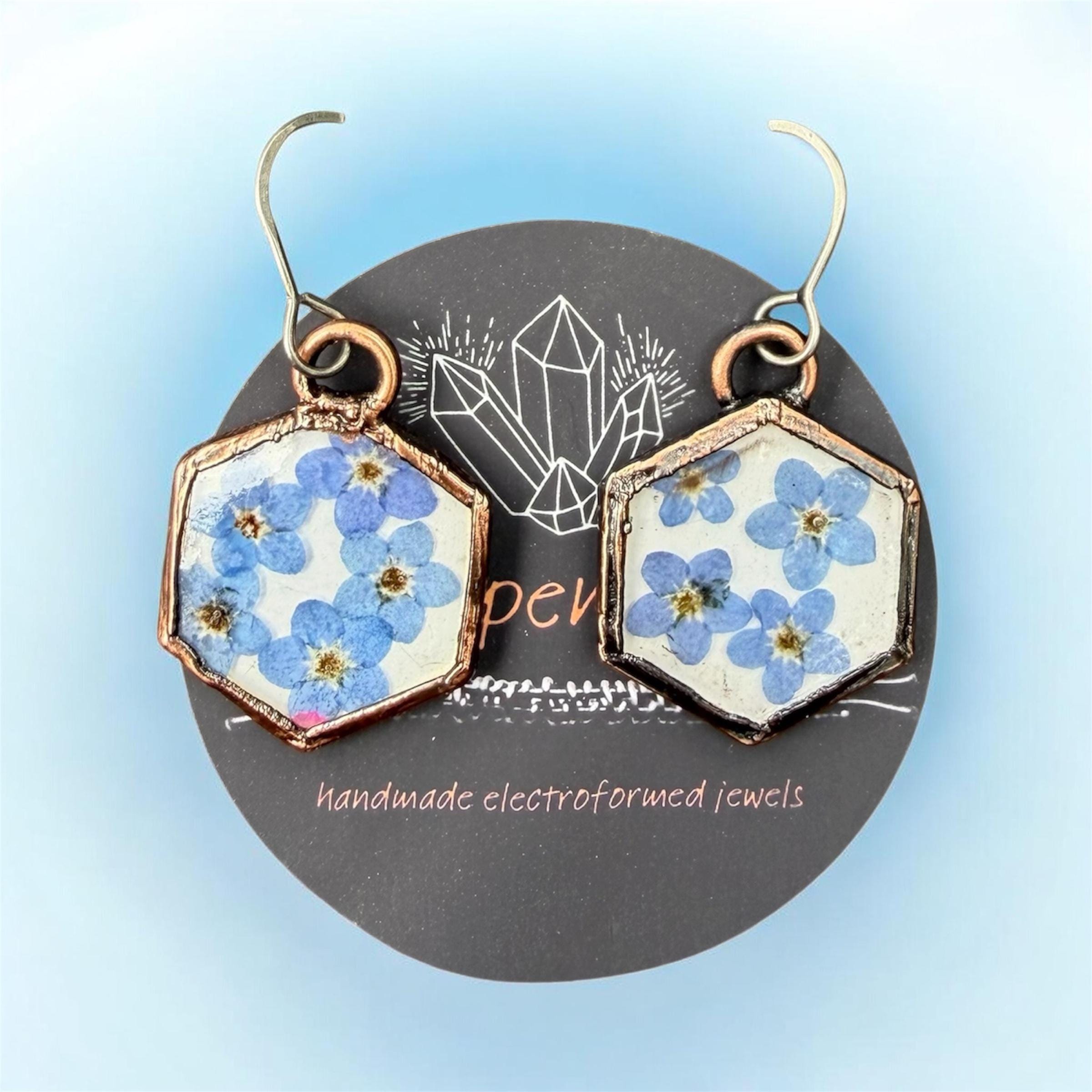 Forget Me Not Flower Dangle Earrings – Electroformed Copper – Handmade Botanical Jewelry