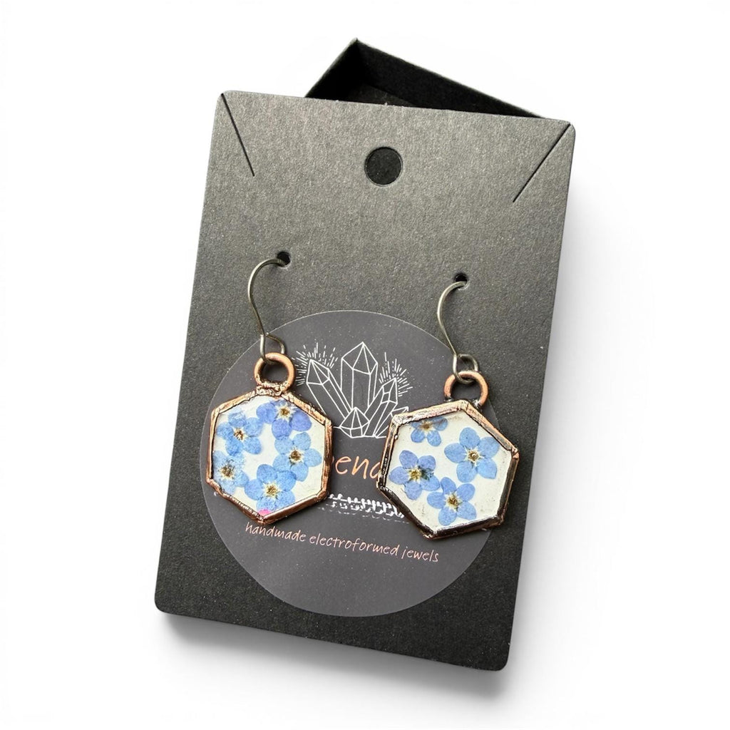 Forget Me Not Flower Dangle Earrings – Electroformed Copper – Handmade Botanical Jewelry