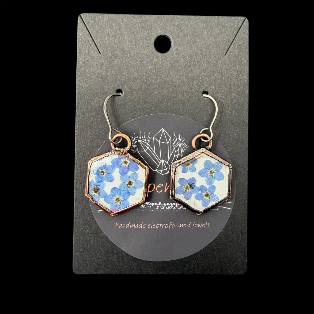 Forget Me Not Flower Dangle Earrings – Electroformed Copper – Handmade Botanical Jewelry