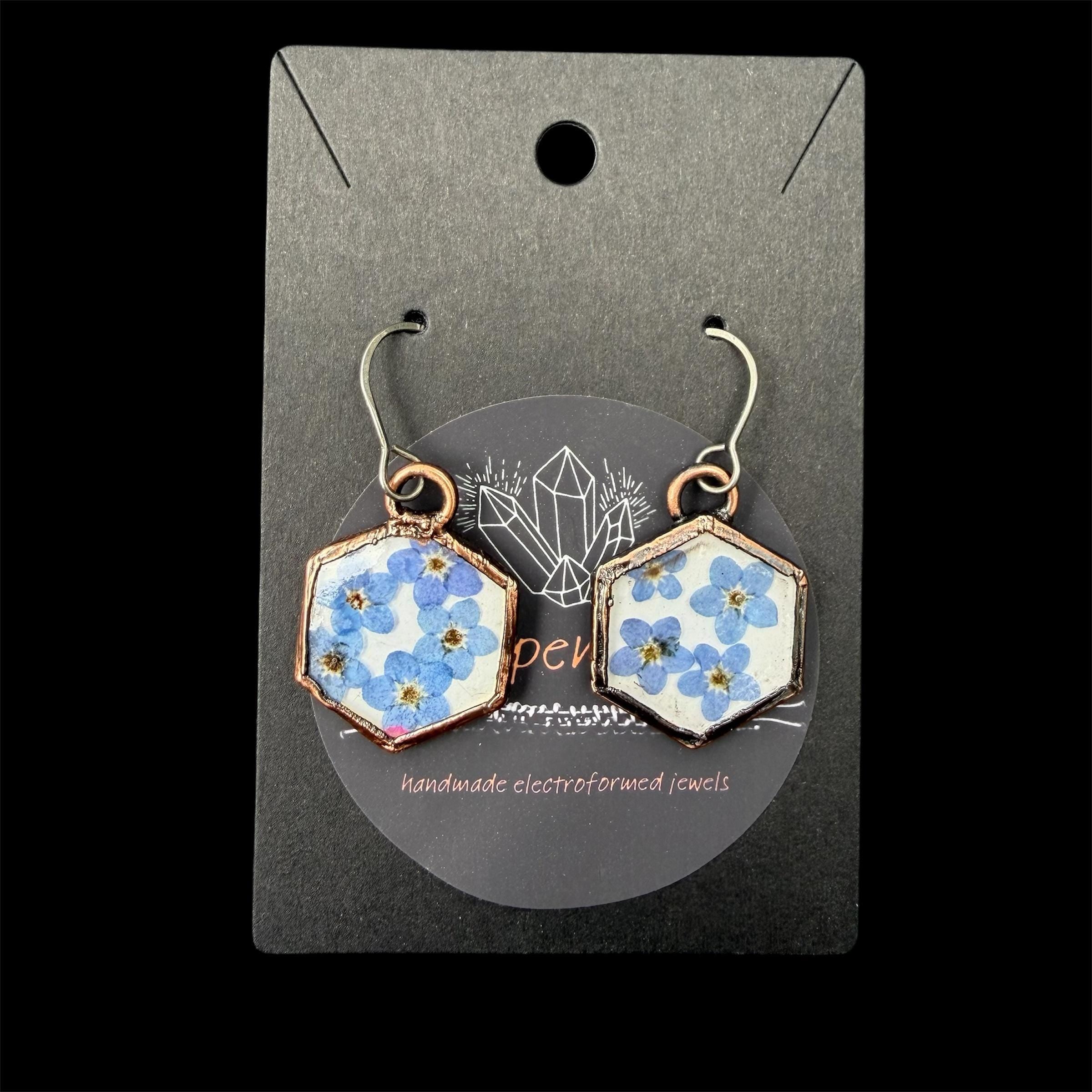 Forget Me Not Flower Dangle Earrings – Electroformed Copper – Handmade Botanical Jewelry