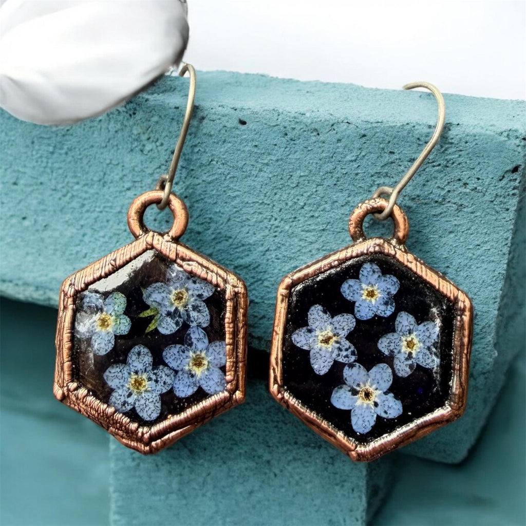 Forget Me Not Flower Dangle Earrings – Electroformed Copper – Handmade Botanical Jewelry