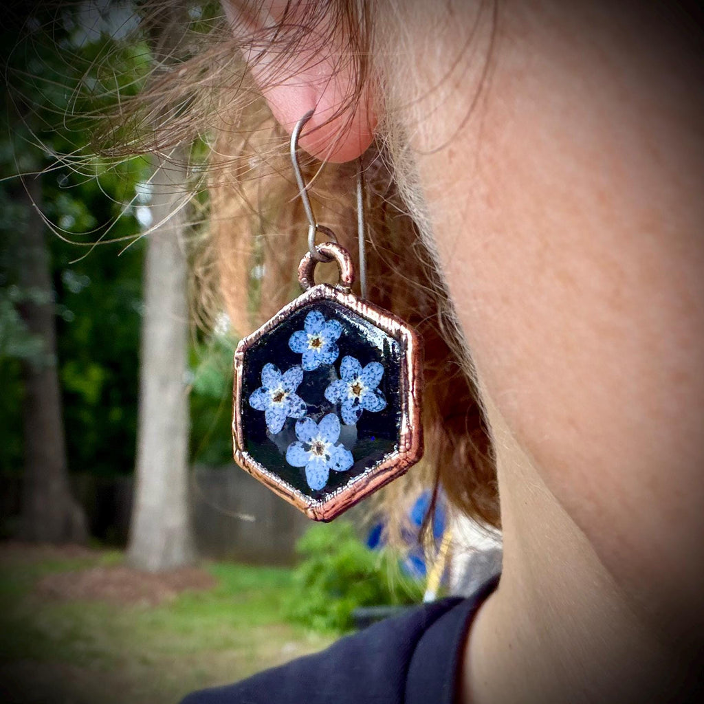 Forget Me Not Flower Dangle Earrings – Electroformed Copper – Handmade Botanical Jewelry