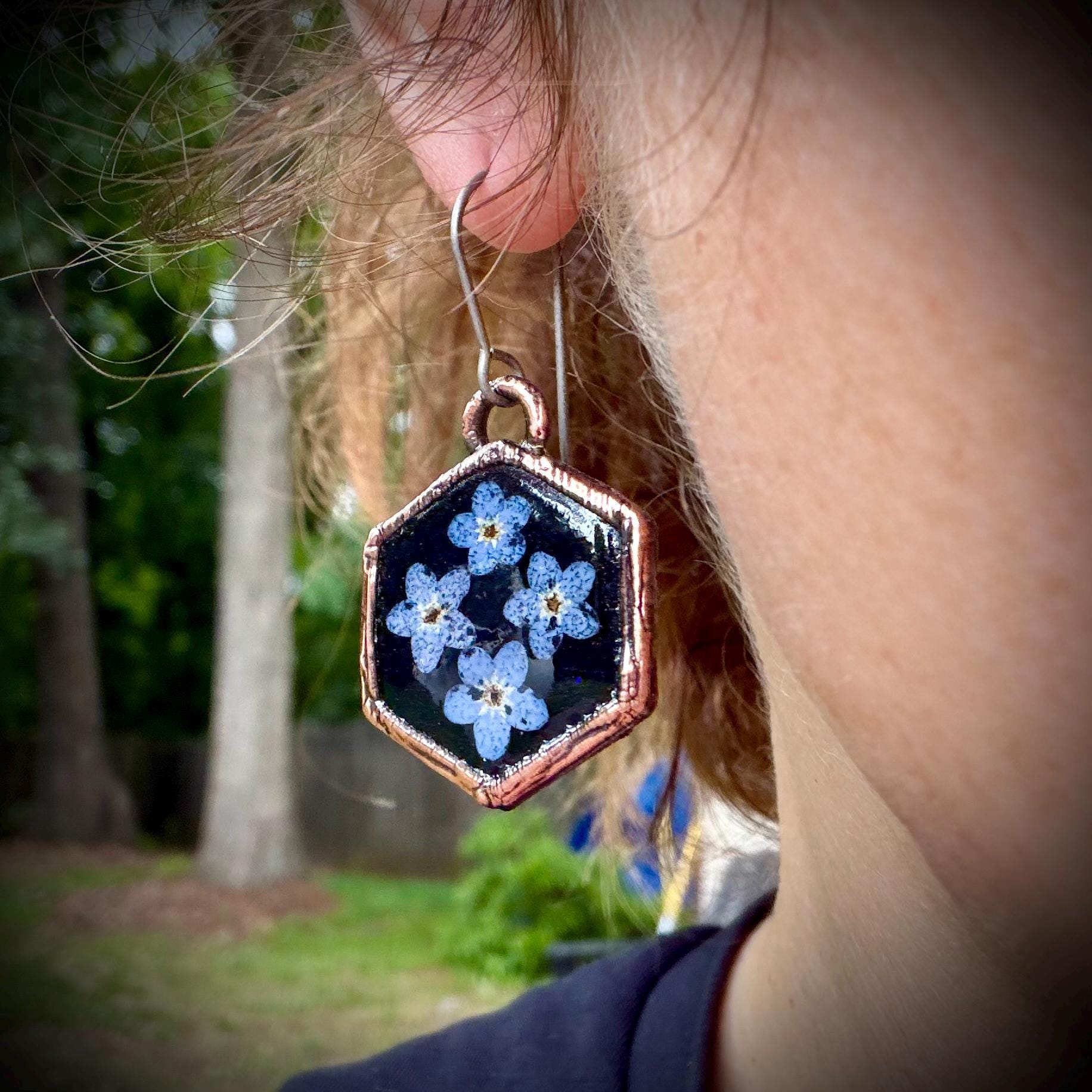 Forget Me Not Flower Dangle Earrings – Electroformed Copper – Handmade Botanical Jewelry
