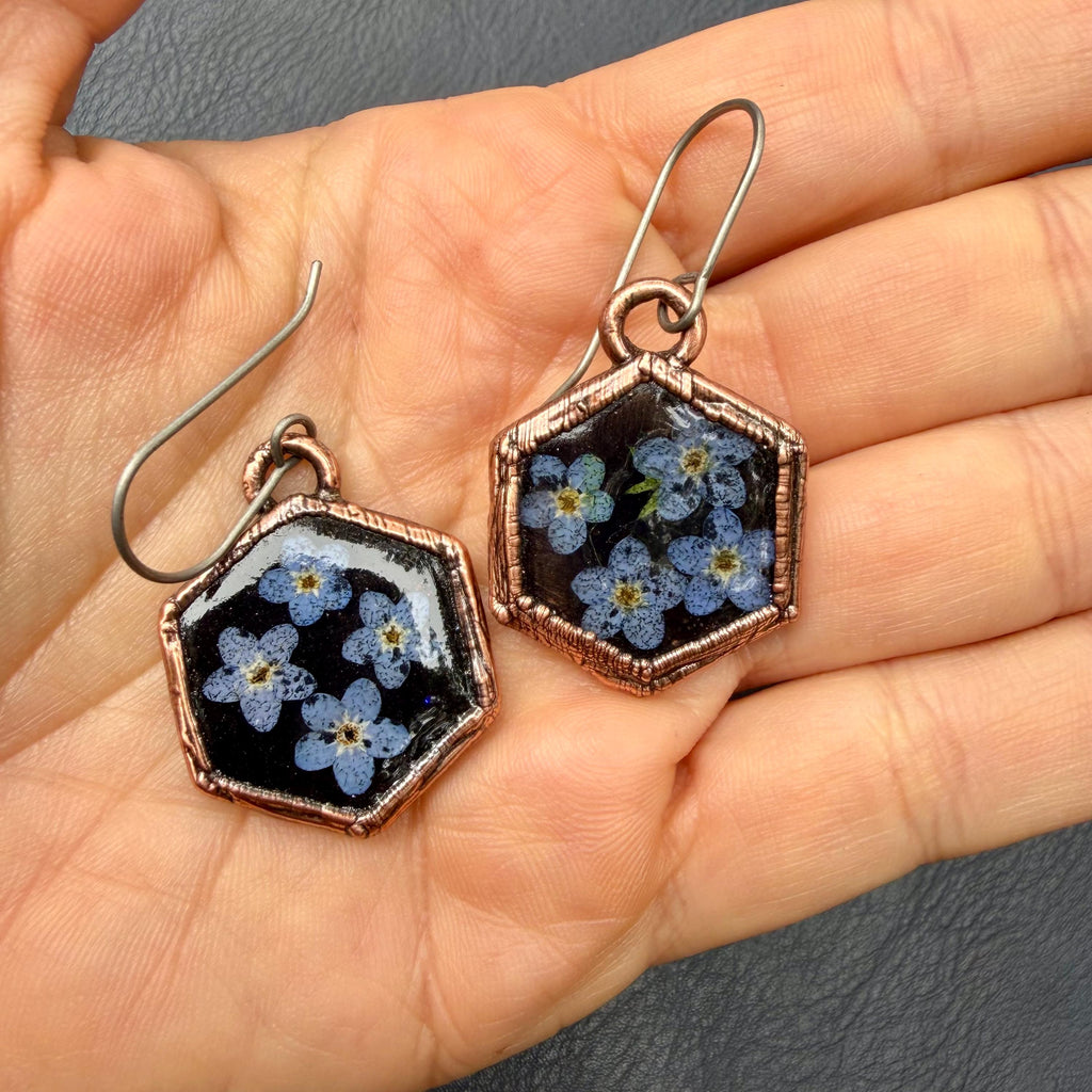 Forget Me Not Flower Dangle Earrings – Electroformed Copper – Handmade Botanical Jewelry
